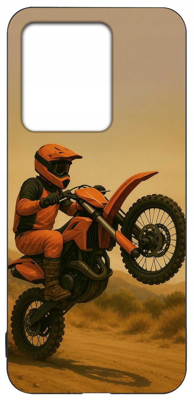 Etui na telefon z nadrukiem motocyklisty w pomarańczowym stroju, jadącego na jednym kole motocykla w pustynnym krajobrazie.