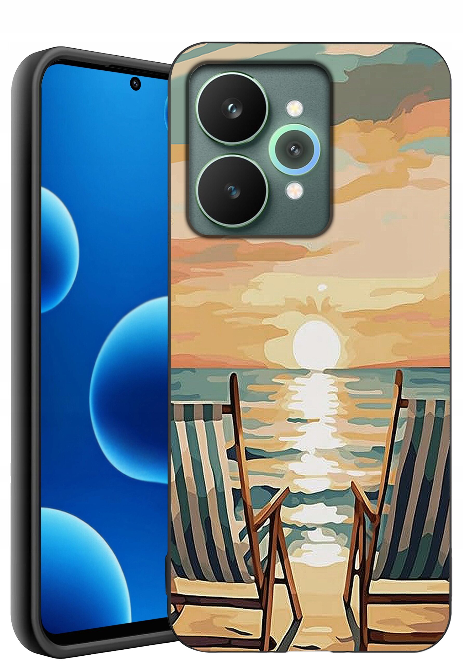 Etui na telefon z nadrukiem przedstawiającym dwa leżaki na plaży z widokiem na zachód słońca nad morzem. Obok etui widoczny jest telefon z niebieskim ekranem i przednią kamerą.
