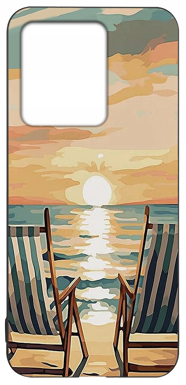 Etui z nadrukiem przedstawiającym dwa leżaki na plaży z widokiem na zachód słońca nad morzem. Kolory są pastelowe, dominują odcienie niebieskiego, pomarańczowego i beżowego.