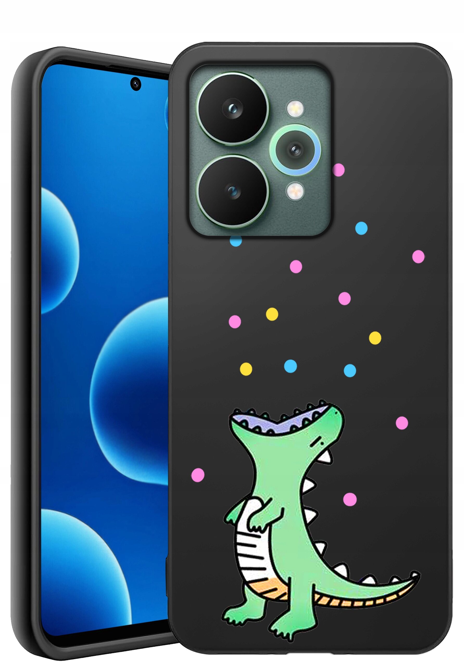 Na obrazie widoczne jest czarne etui na telefon z kolorowym wzorem przedstawiającym zielonego dinozaura i kolorowe kropki. Obok etui znajduje się telefon z wyświetlaczem pokazującym niebieskie bąbelki na czarnym tle.