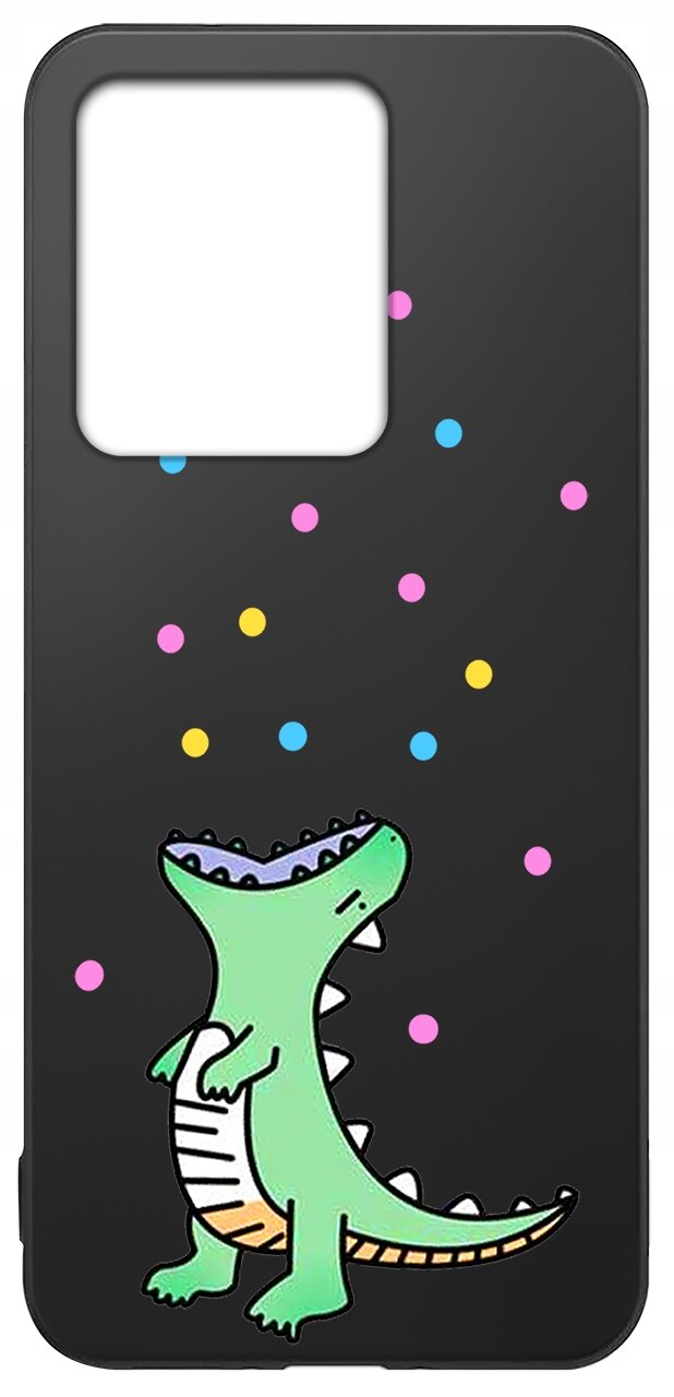 Czarne etui z kolorowym wzorem przedstawiającym zielonego dinozaura oraz kolorowe kropki. Etui ma duży otwór na aparat w górnej części.