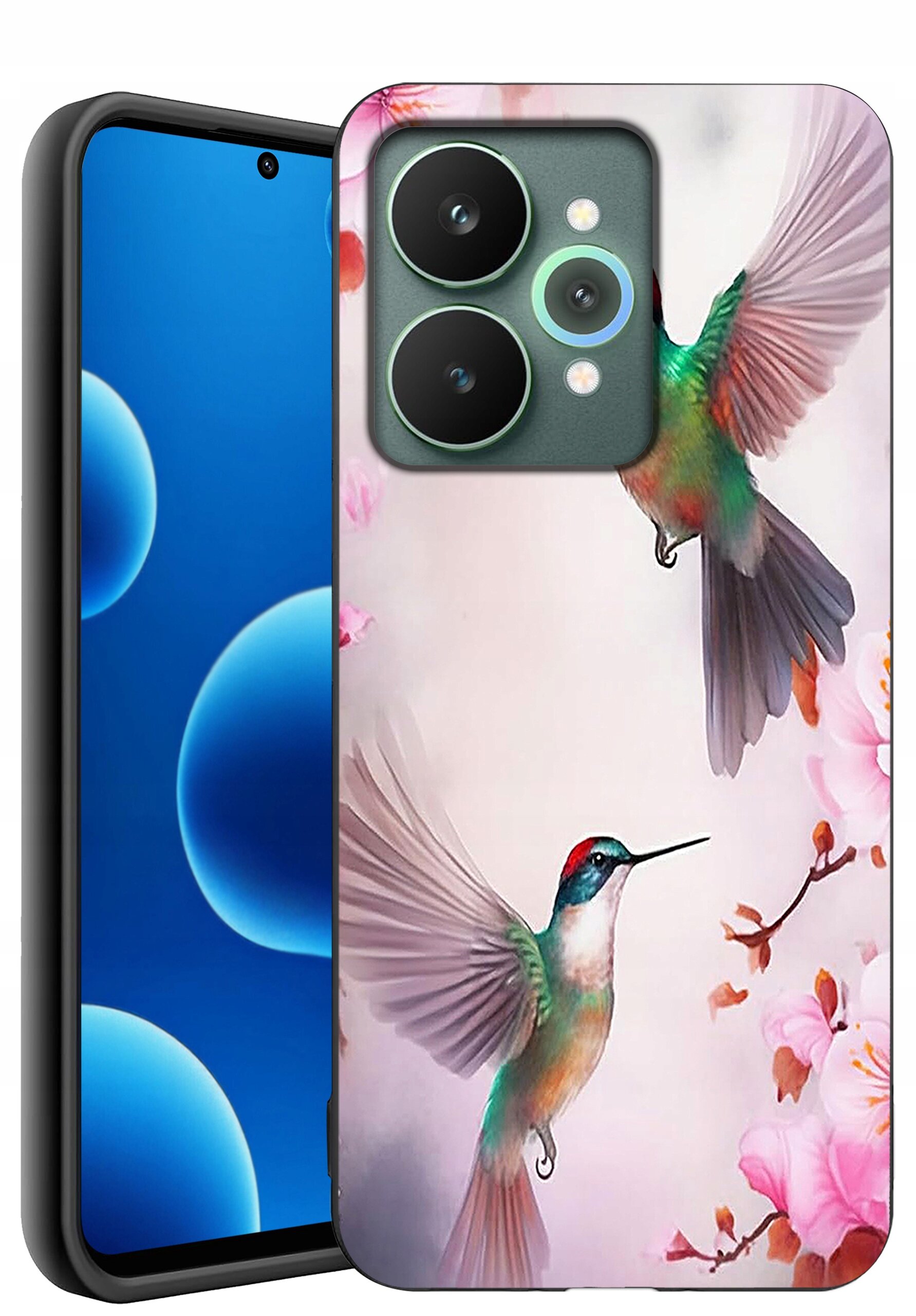 Etui na telefon z kolorowym wzorem przedstawiającym dwa kolibry wśród różowych kwiatów. Telefon ma ekran z niebieskimi okręgami i przednią kamerą w górnej części.