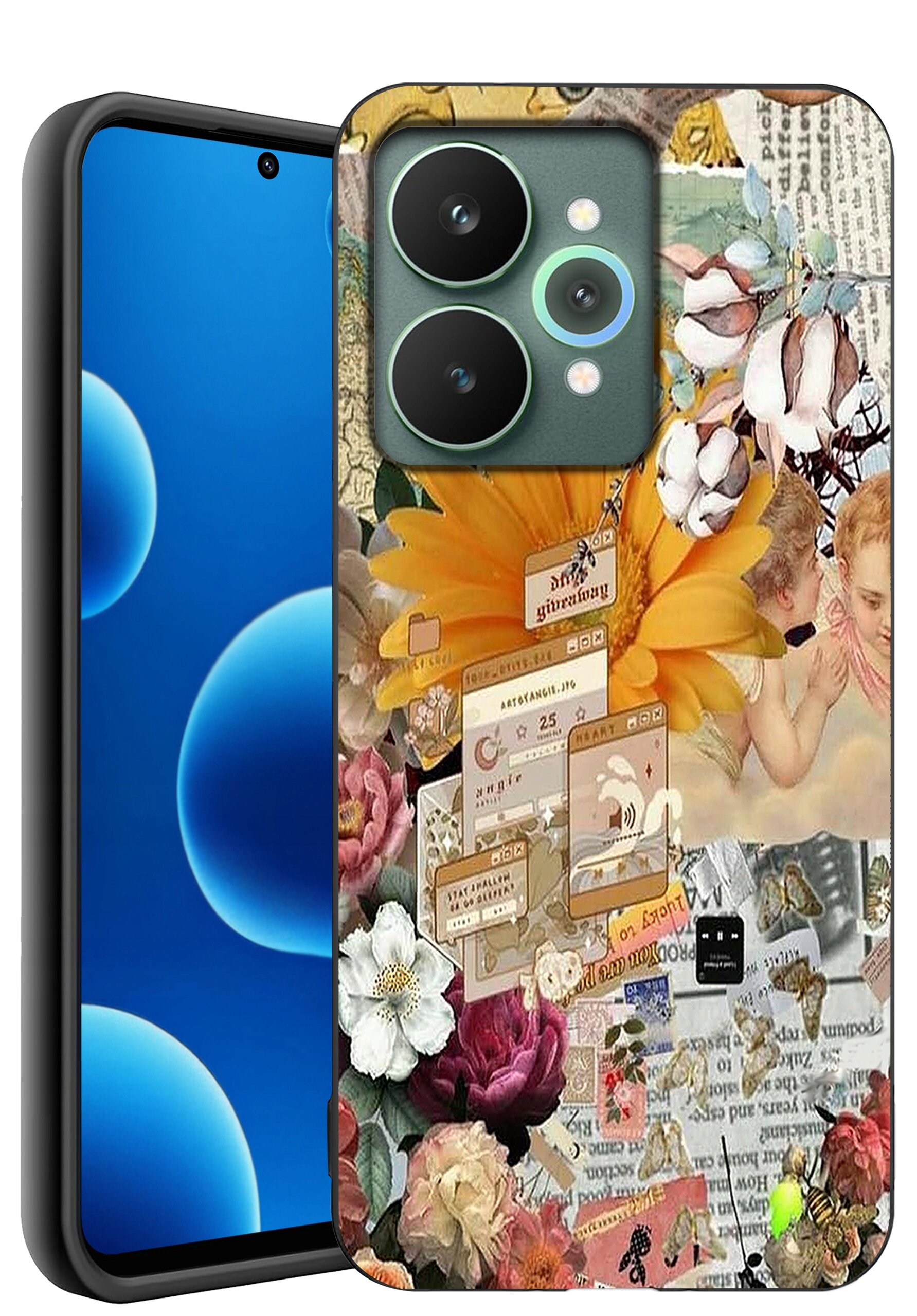 Etui na telefon z kolorowym, kolażowym wzorem zawierającym kwiaty, aniołki i elementy graficzne przypominające okna przeglądarki. Obok etui widoczny jest telefon z niebieskim ekranem i przednią kamerą w górnej części.
