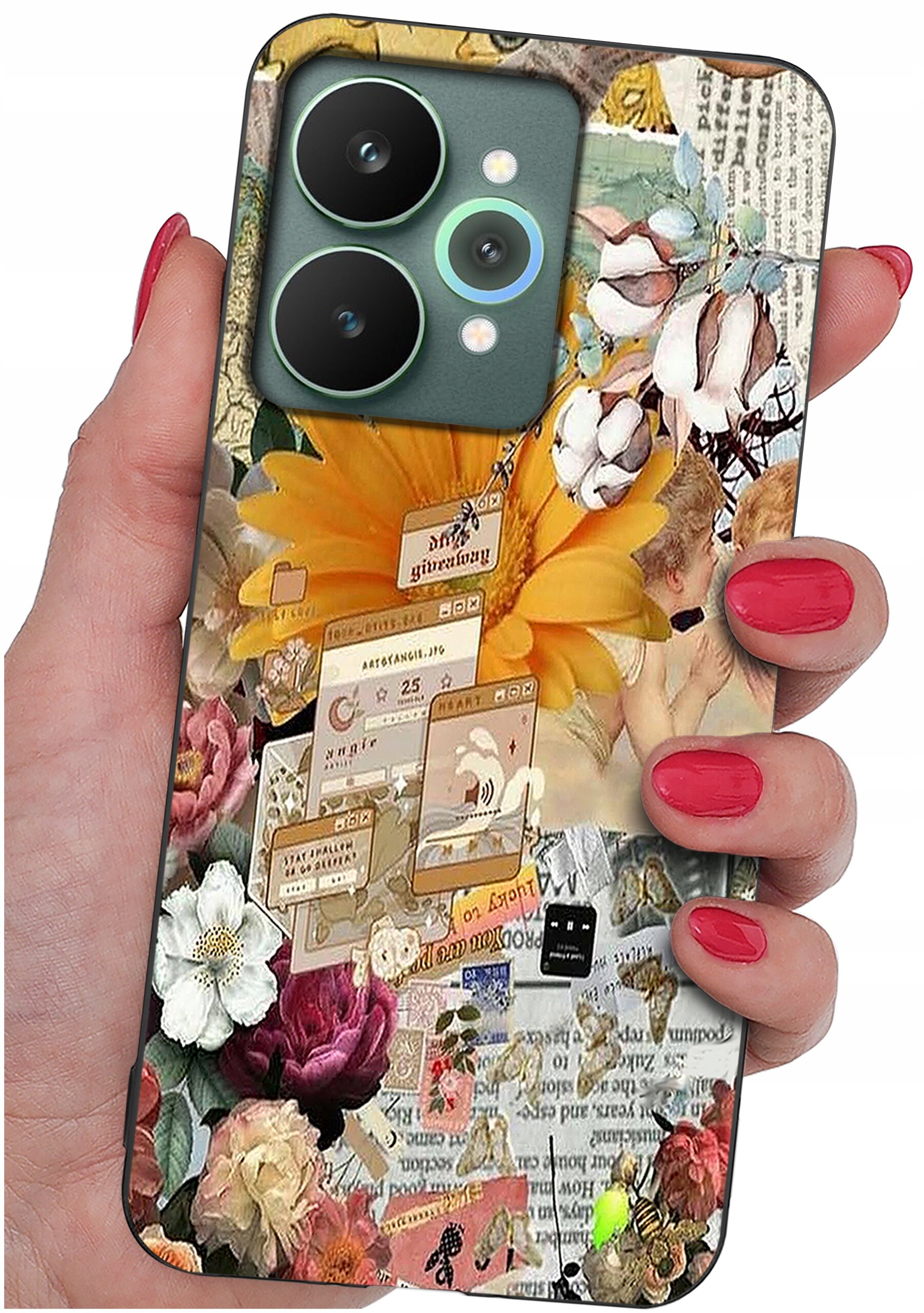 Etui na telefon z kolorowym wzorem przedstawiającym kwiaty, aniołki i elementy graficzne przypominające okna przeglądarki. Osoba trzymająca etui ma pomalowane na czerwono paznokcie.