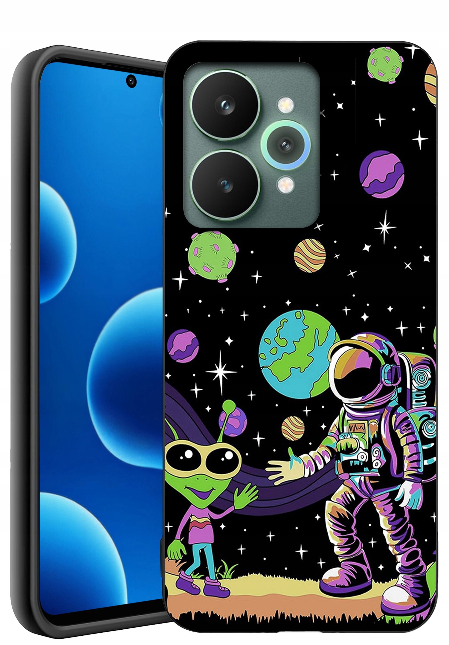 Etui na telefon z kolorowym wzorem przedstawiającym astronautę i zielonego kosmitę na tle kosmosu z planetami i gwiazdami. Telefon obok etui ma ekran z niebieskimi okręgami.