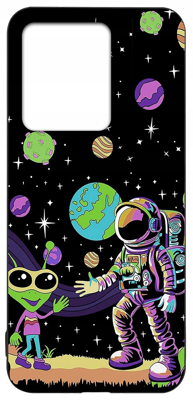 Etui przedstawia kolorowy rysunek kosmonauty i zielonego kosmity na tle kosmosu z planetami i gwiazdami. Kosmonauta i kosmita stoją na powierzchni planety, podając sobie ręce.
