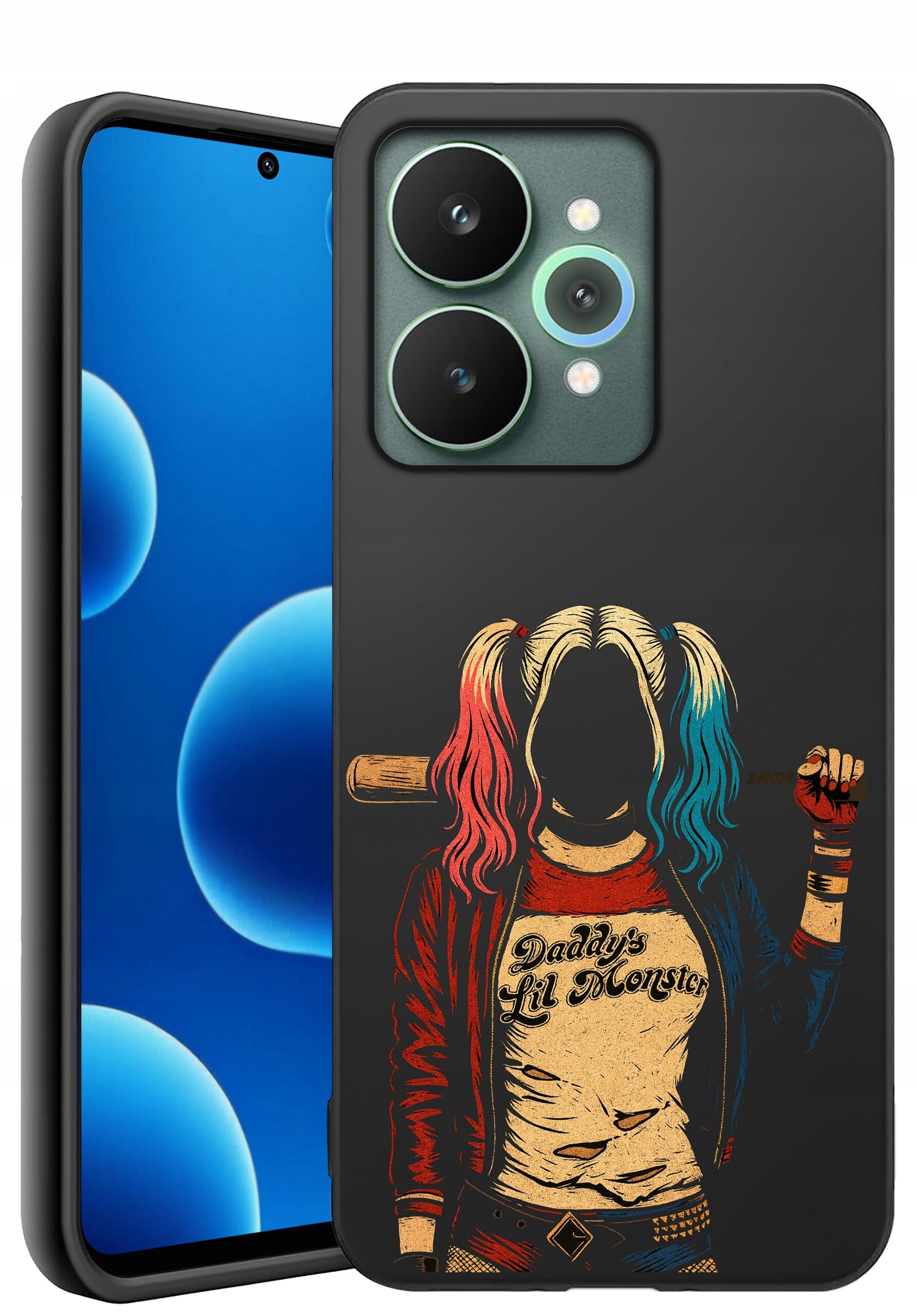 Etui na telefon z grafiką postaci z kolorowymi włosami i napisem \'Daddy\'s Lil Monster\'. Obok widoczny jest telefon z niebieskim ekranem i trzema aparatami z tyłu.
