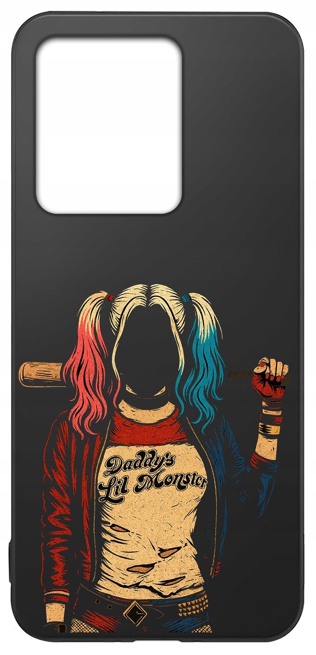 Etui na telefon z grafiką przedstawiającą postać z dwukolorowymi włosami, trzymającą kij baseballowy. Na koszulce widoczny jest napis \'Daddy\'s Lil Monster\'.