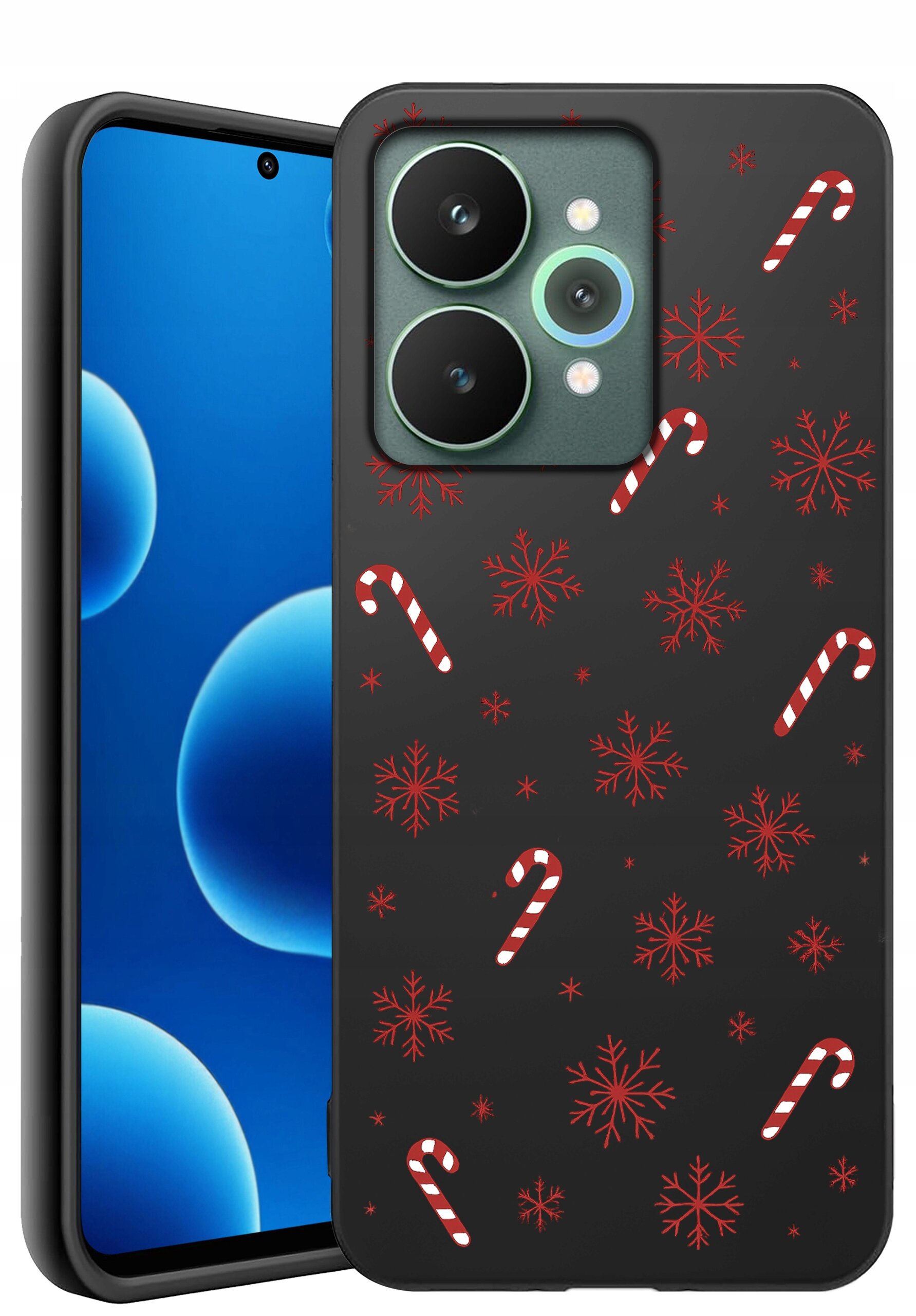 Czarne etui na telefon z wzorem czerwonych śnieżynek i biało-czerwonych lasek cukrowych. Obok etui widoczny jest telefon z niebieskim ekranem.