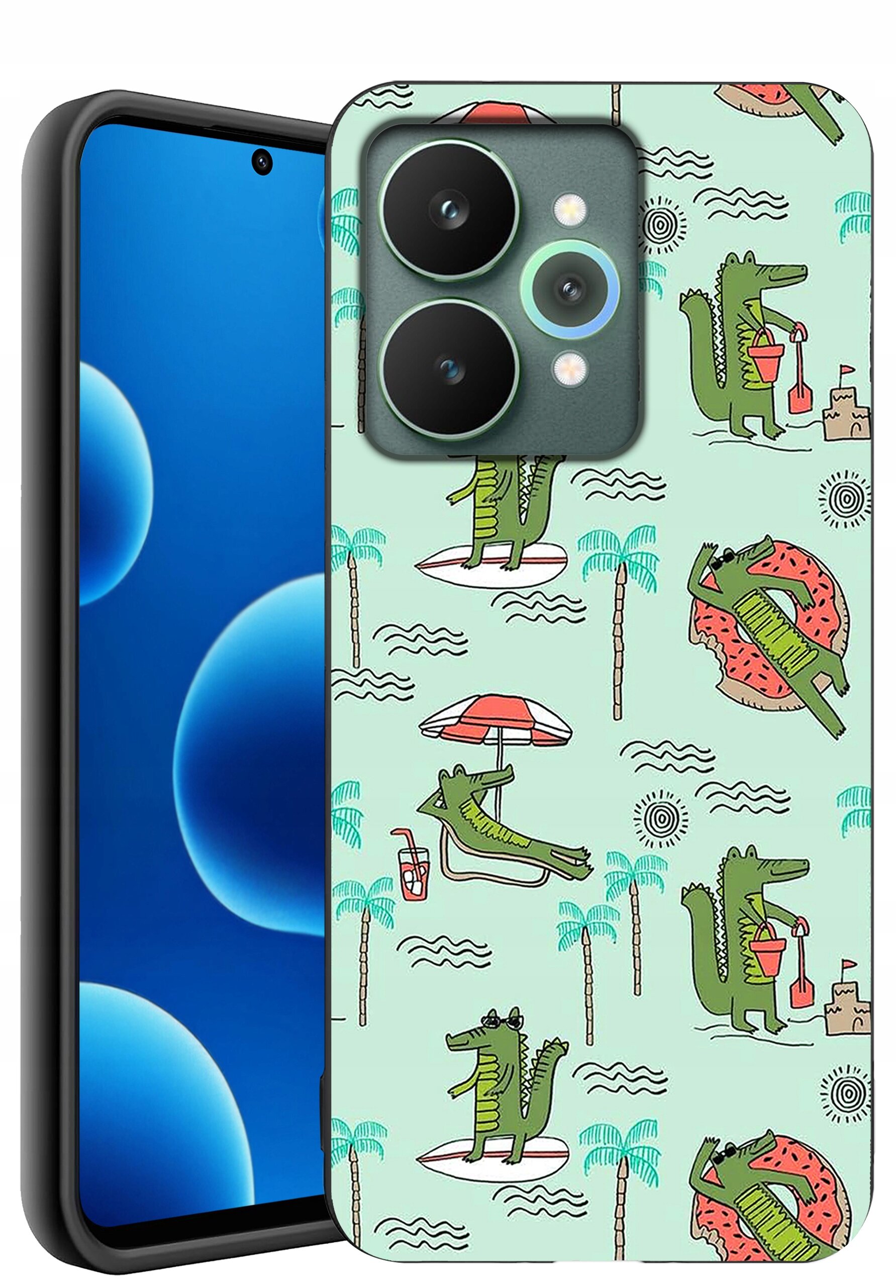 Etui na telefon z wzorem przedstawiającym zielone krokodyle w różnych wakacyjnych scenach, takich jak leżenie pod parasolem, pływanie na desce i budowanie zamku z piasku. Tło etui jest jasne, a wzór uzupełniają palmy i fale.