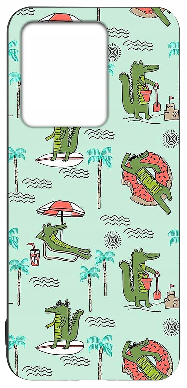 Etui na telefon z motywem zielonych krokodyli na plaży, z elementami takimi jak parasol, piasek i palmy, na jasnoniebieskim tle.
