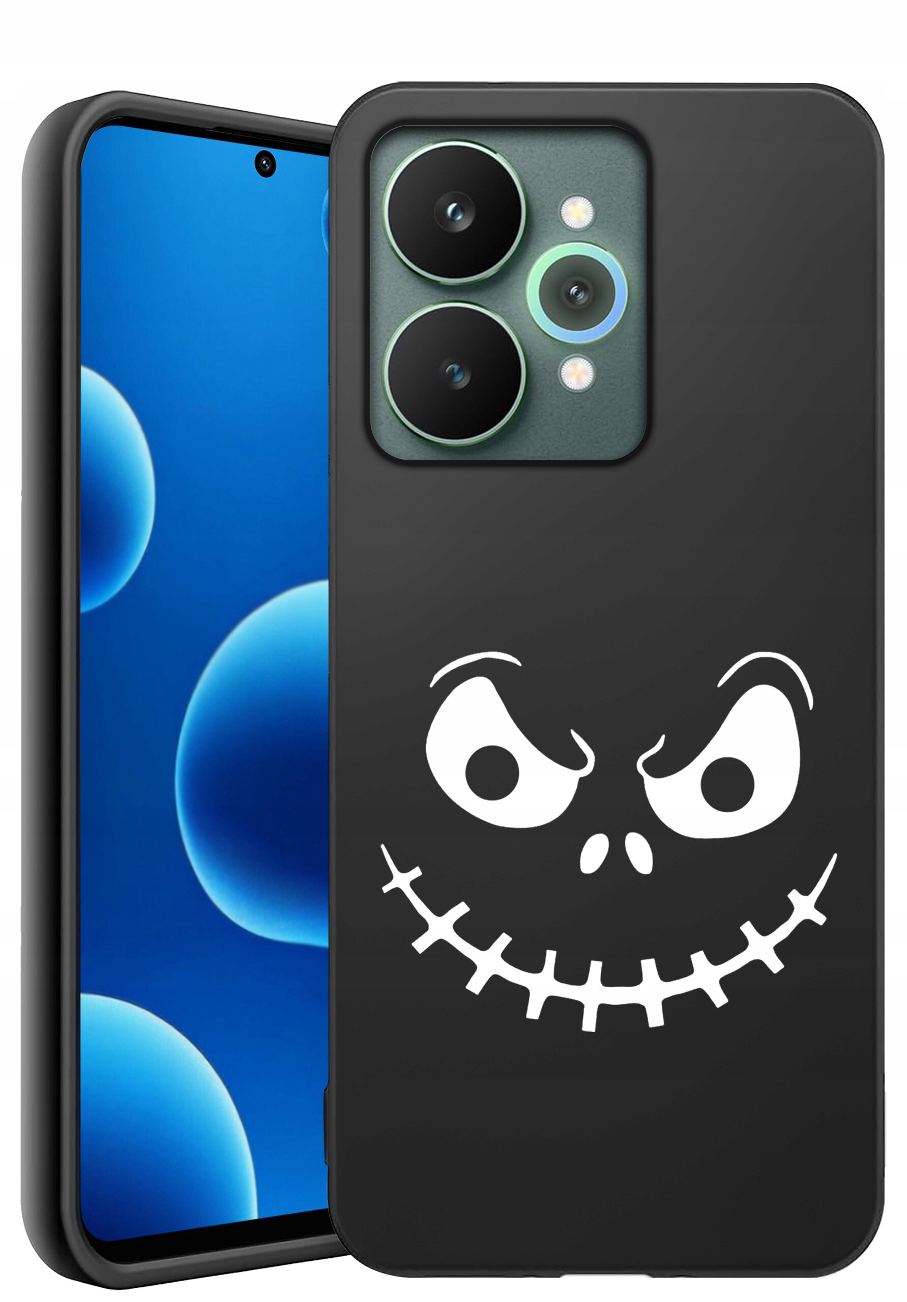 Czarne silikonowe etui z białym nadrukiem przedstawiającym uśmiechniętą, stylizowaną twarz. Obok etui widoczny jest telefon z niebieskim ekranem i trzema aparatami z tyłu.