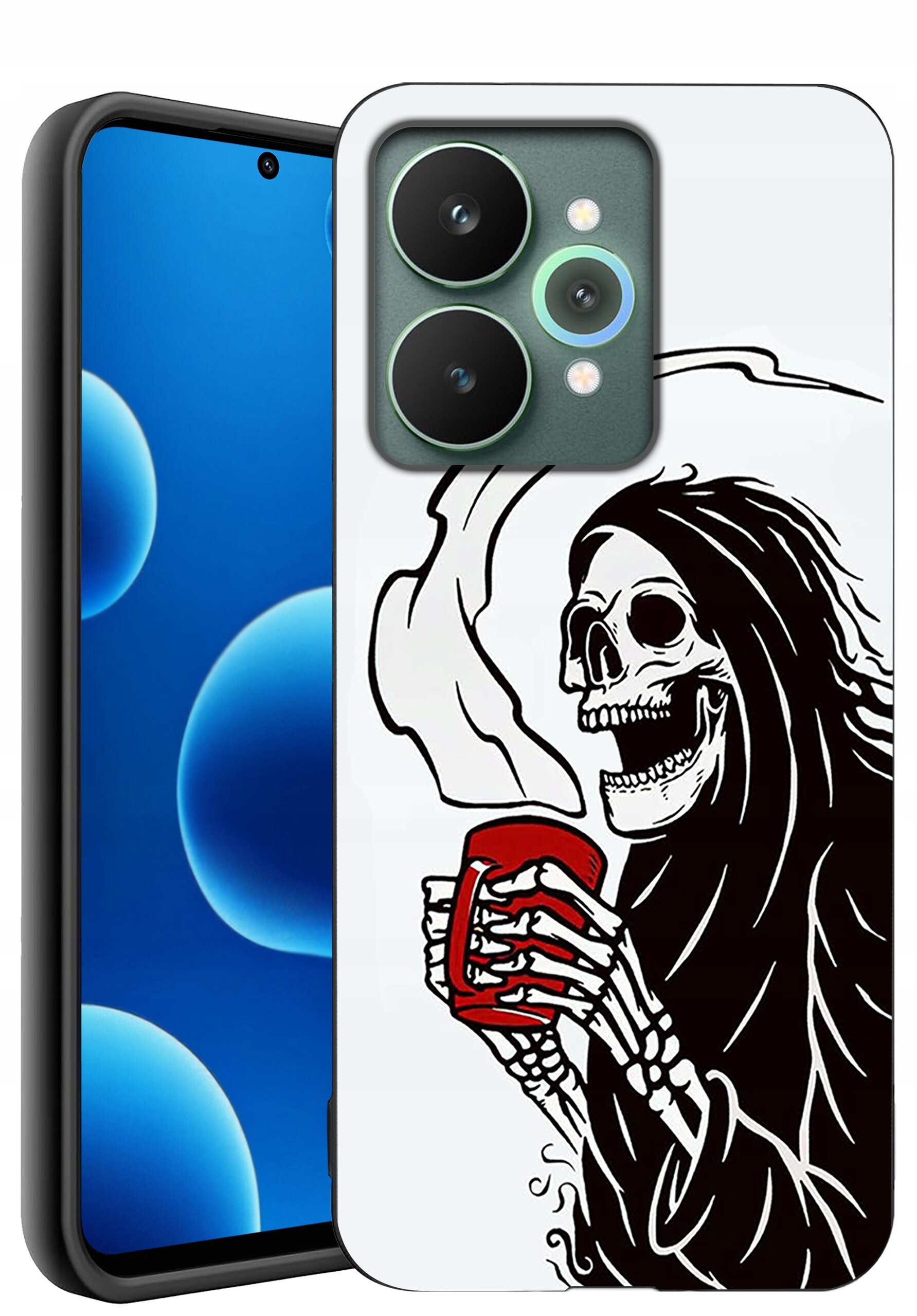 Etui na telefon z grafiką przedstawiającą szkielet w kapturze trzymający czerwony kubek, z którego unosi się para. Obok widoczny jest telefon z ekranem wyświetlającym niebieskie okręgi.