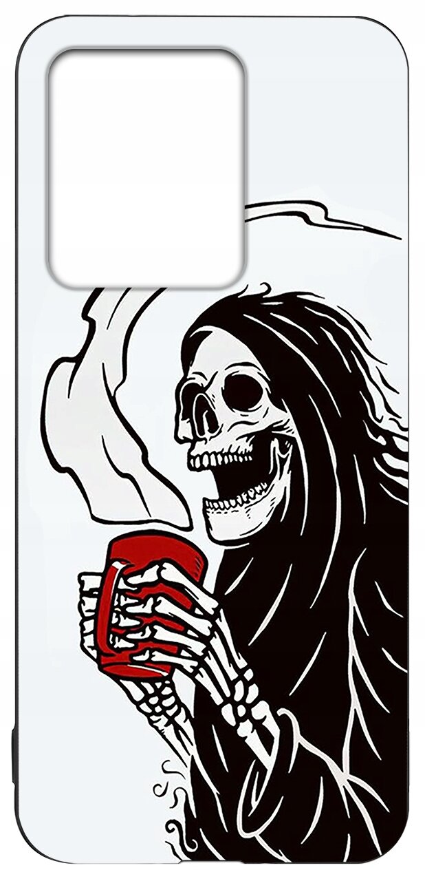 Etui na telefon z nadrukiem szkieletu w czarnej szacie trzymającego czerwony kubek. Tło jest jasne, a etui ma wycięcie na aparat.
