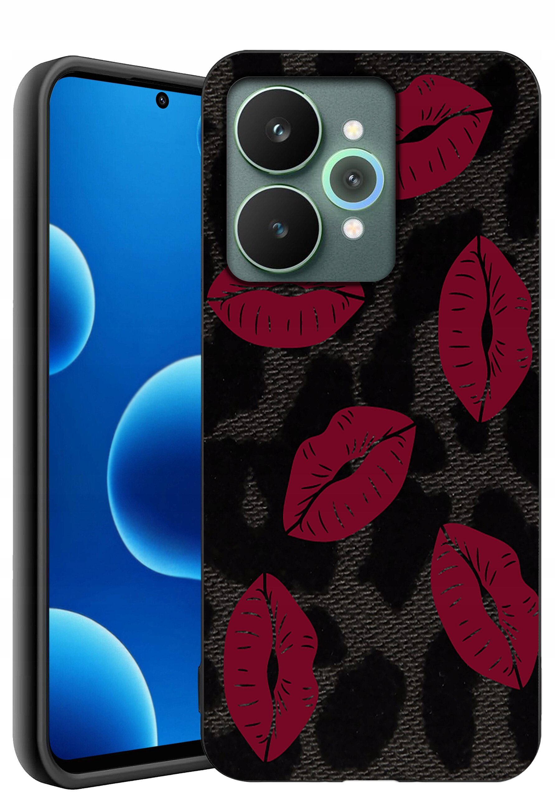 Etui na telefon z wzorem czerwonych ust na ciemnym tle, z widocznymi trzema obiektywami aparatu.