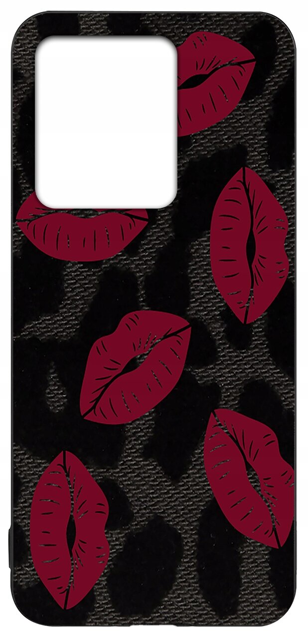 Etui na telefon z czarnym wzorem przypominającym cętki oraz czerwonymi grafikami ust. Etui ma wycięcie na aparat w górnej części.