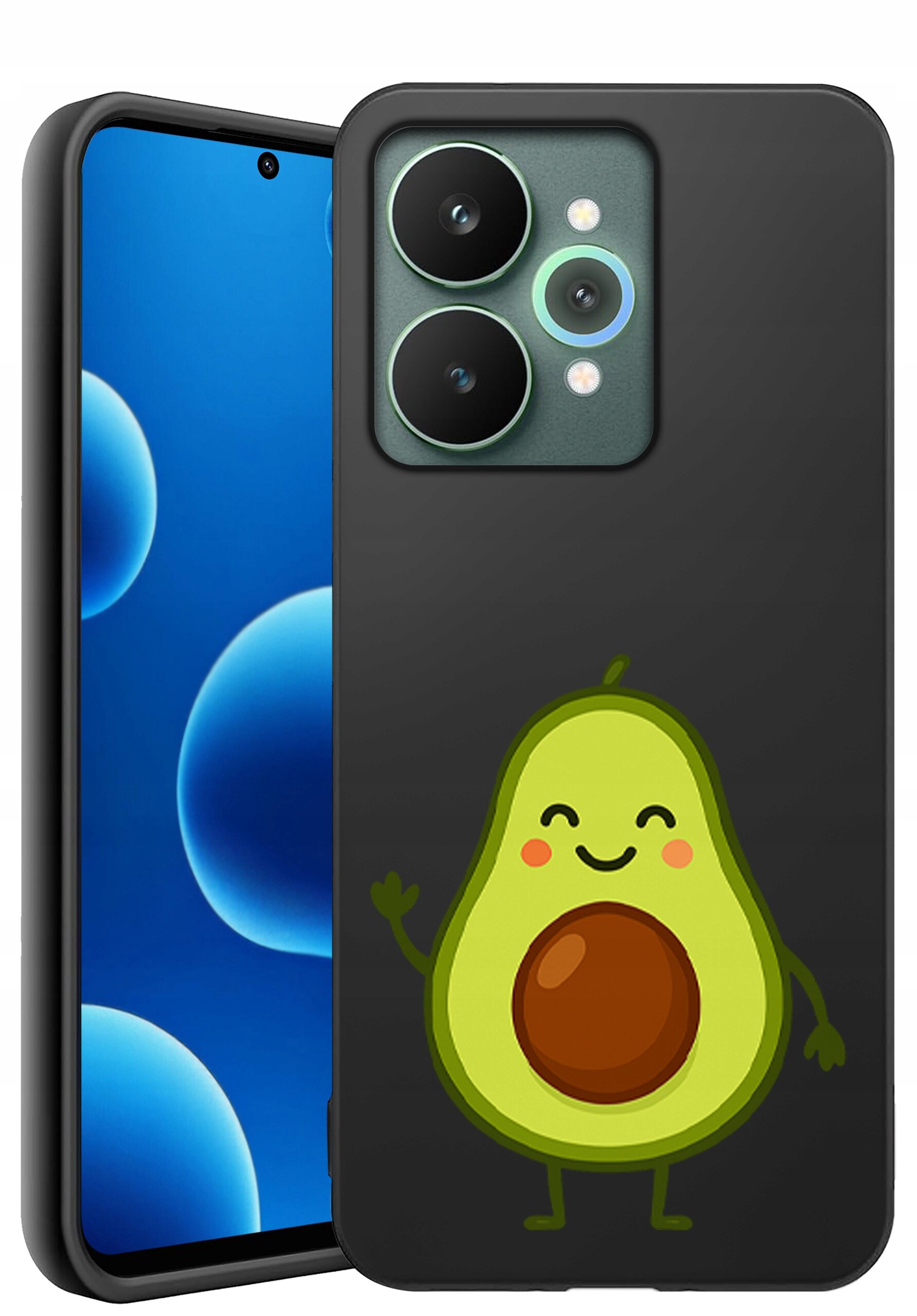 Czarne silikonowe etui z matowym wykończeniem, ozdobione grafiką uśmiechniętego awokado. W tle widoczny jest telefon z niebieskim ekranem i trzema aparatami.