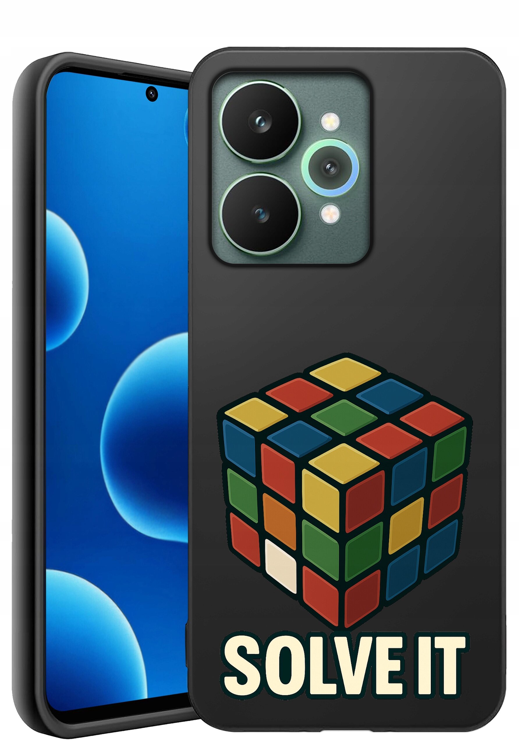 Etui na telefon z nadrukiem kostki Rubika i napisem \'SOLVE IT\'.