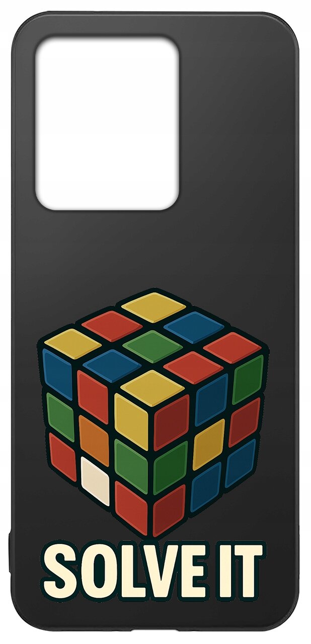 Czarne etui z kolorowym wzorem kostki Rubika i napisem \'SOLVE IT\' na dole.