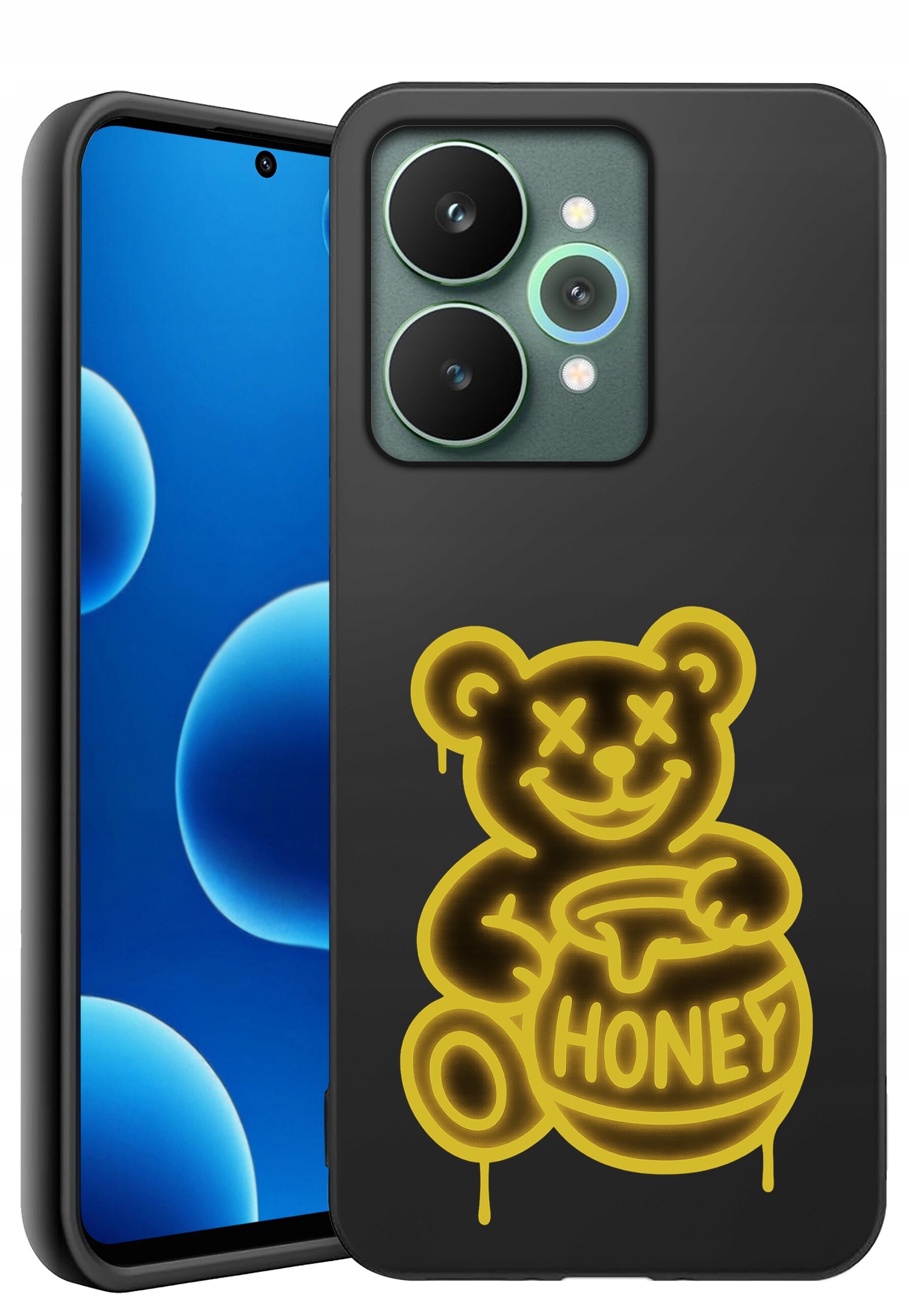 Czarne etui na telefon z żółtym rysunkiem misia trzymającego słoik z napisem \'HONEY\'. Obok etui widoczny jest telefon z niebieskim ekranem i trzema aparatami.