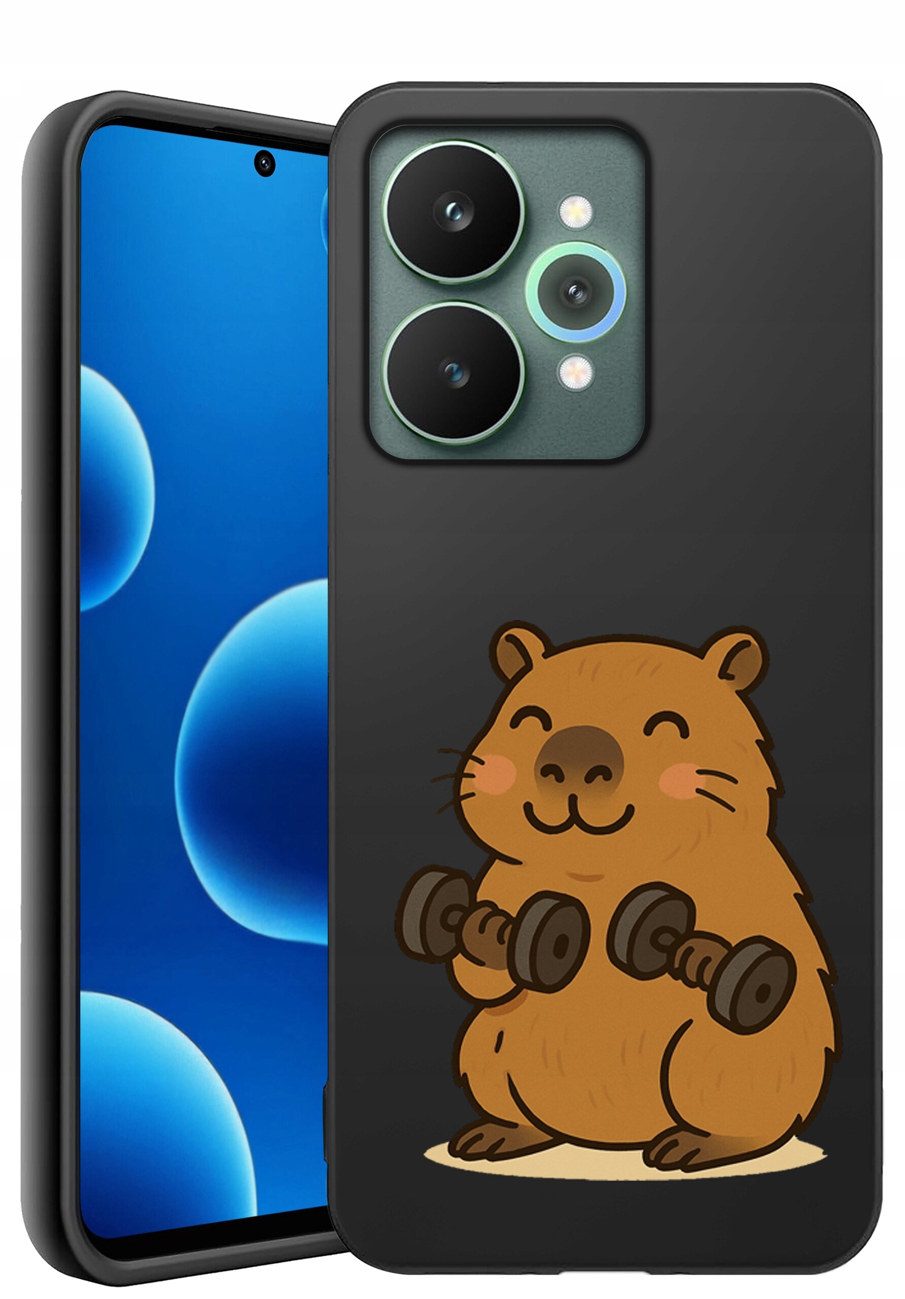 Czarne silikonowe etui na telefon z nadrukiem uśmiechniętego zwierzątka trzymającego hantle. Obok etui widoczny jest telefon z niebieskim ekranem i okrągłym wycięciem na kamerę.