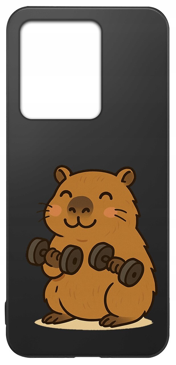 Czarne etui na telefon z rysunkiem uśmiechniętego zwierzątka trzymającego hantle.