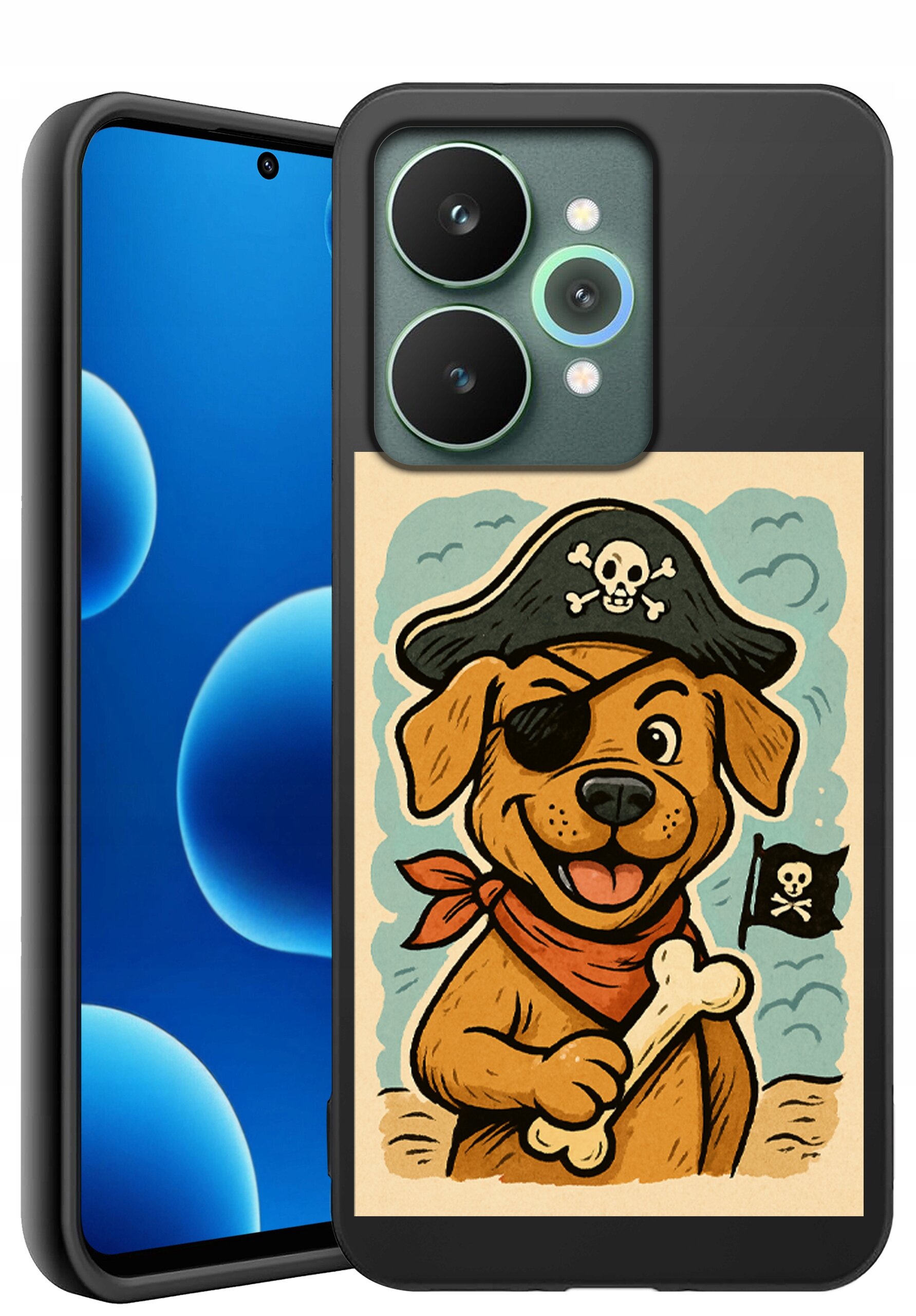 Etui na telefon z grafiką przedstawiającą psa pirata z opaską na oku, trzymającego kość i noszącego kapelusz z czaszką. Obok etui widoczny jest telefon z niebieskim ekranem.