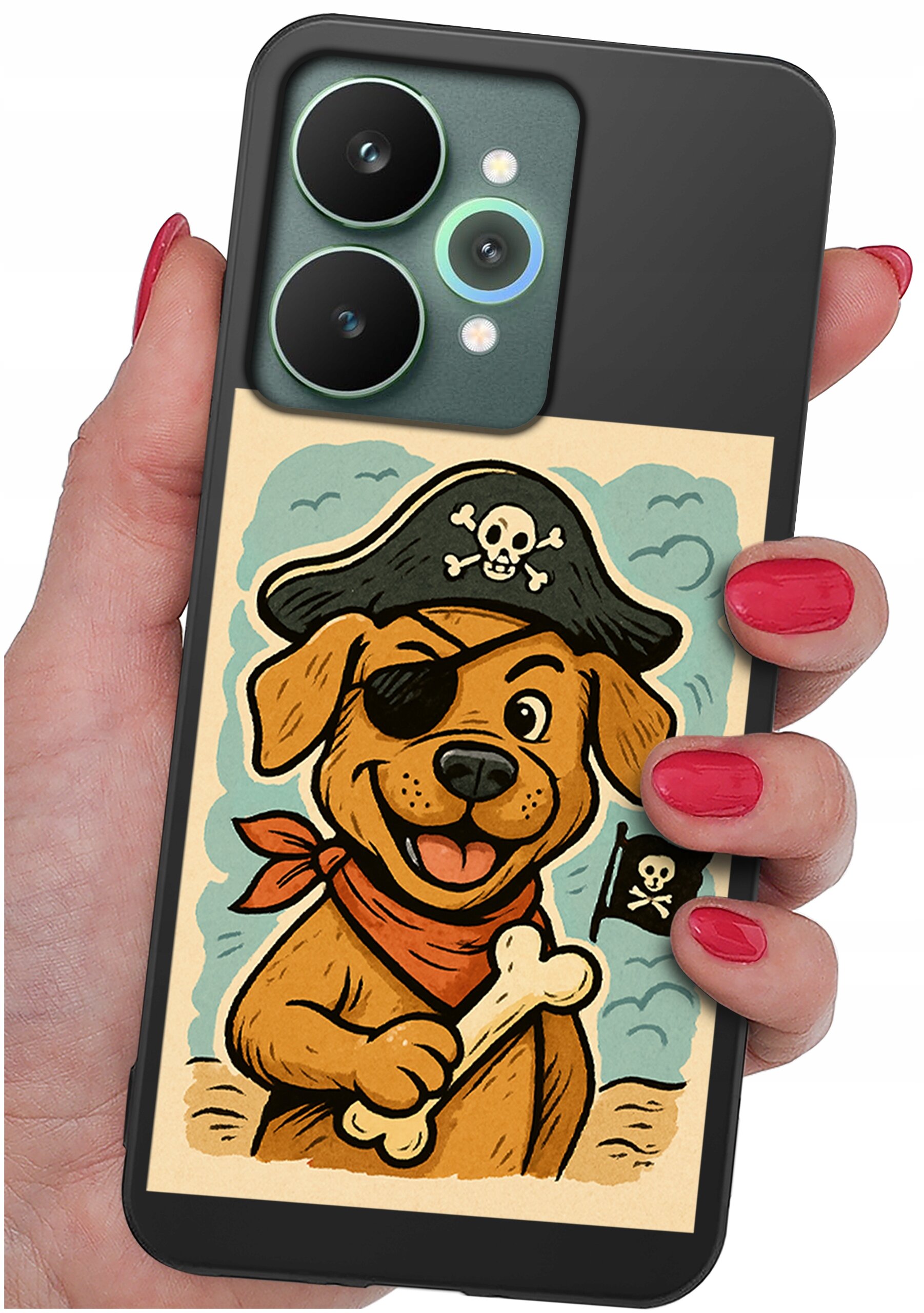 Etui na telefon z grafiką psa pirata trzymającego kość, z opaską na oku i kapeluszem z czaszką. Etui jest trzymane w dłoni z pomalowanymi na czerwono paznokciami.