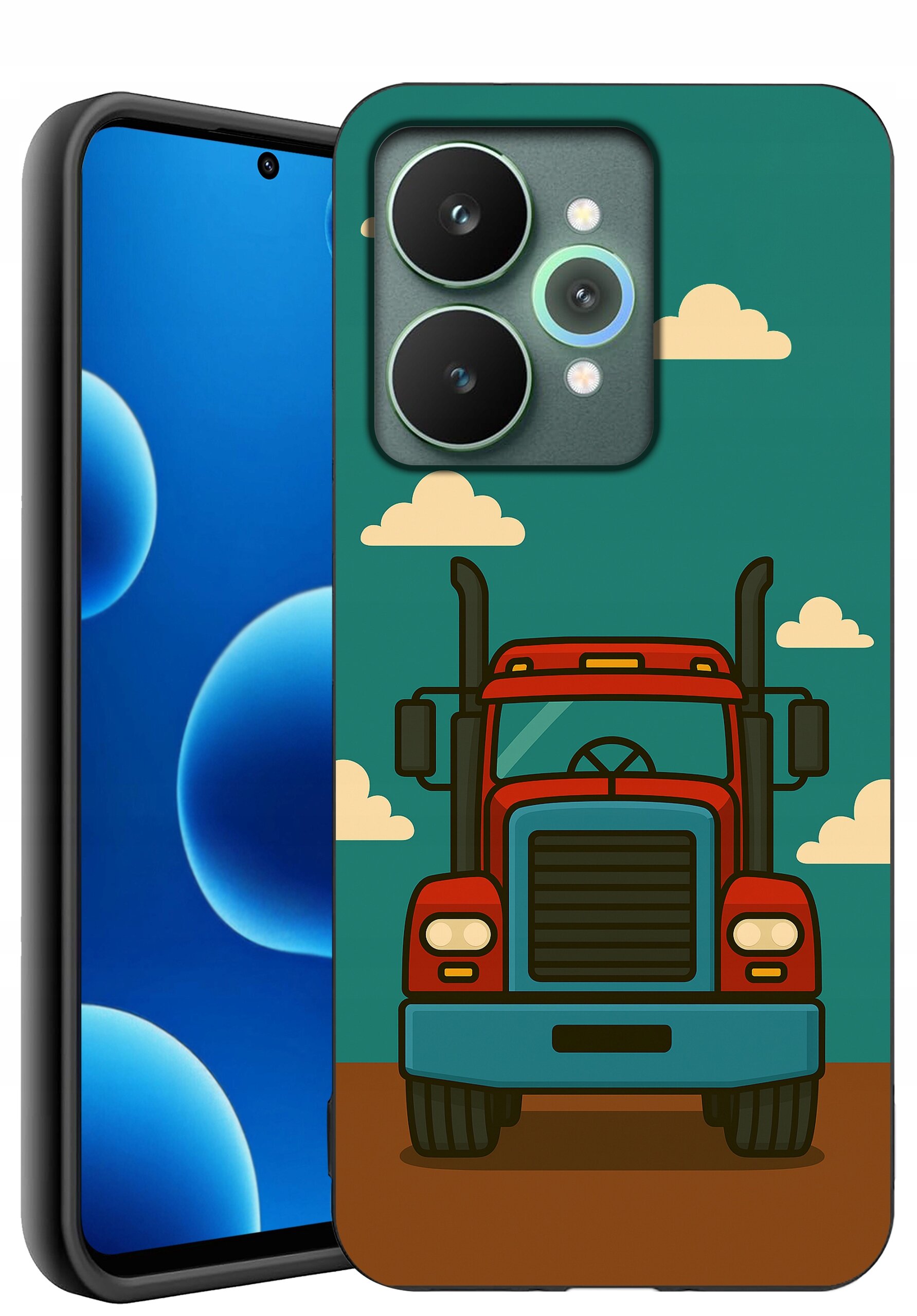Etui na telefon z nadrukiem czerwonej ciężarówki na tle nieba z chmurami. Obok widoczny jest telefon z niebieskim ekranem i trzema aparatami.