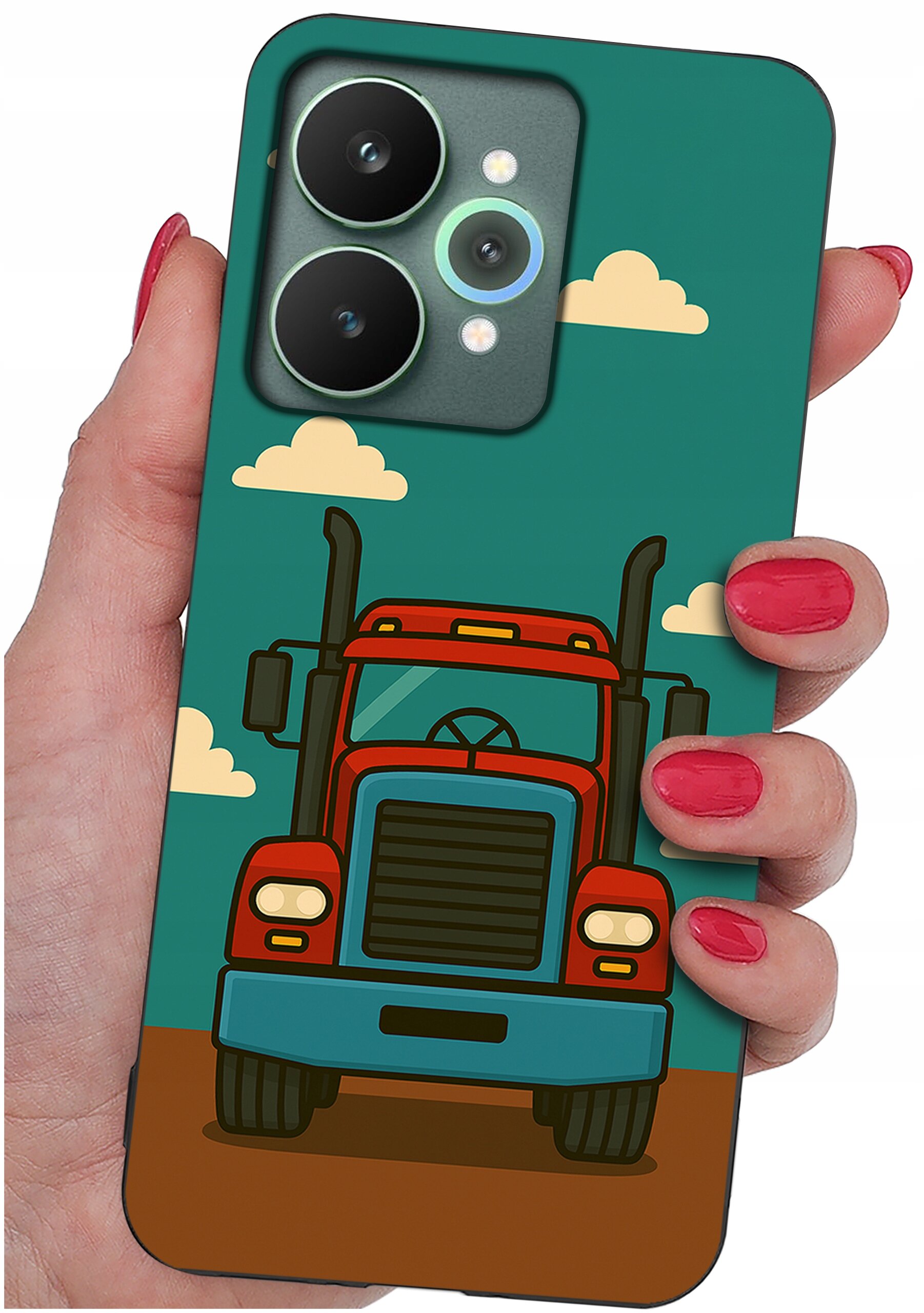 Etui na telefon z grafiką przedstawiającą czerwono-niebieską ciężarówkę na tle nieba z chmurami, trzymane w dłoni z pomalowanymi na czerwono paznokciami.