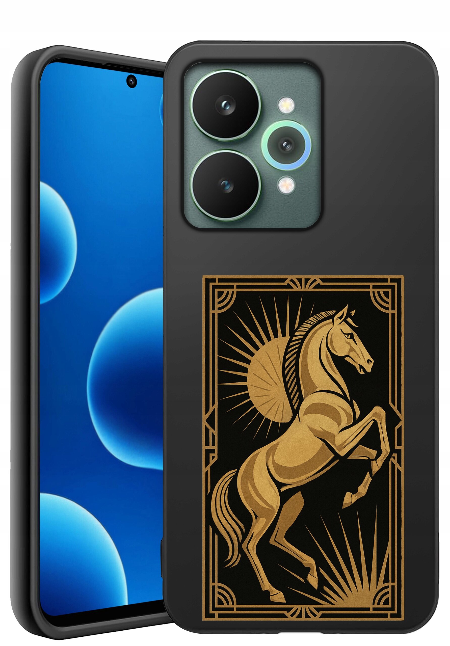 Etui na telefon z czarnym tłem i złotym wzorem przedstawiającym konia w ozdobnej ramce. Obok widoczny jest telefon z niebieskim ekranem i trzema aparatami.