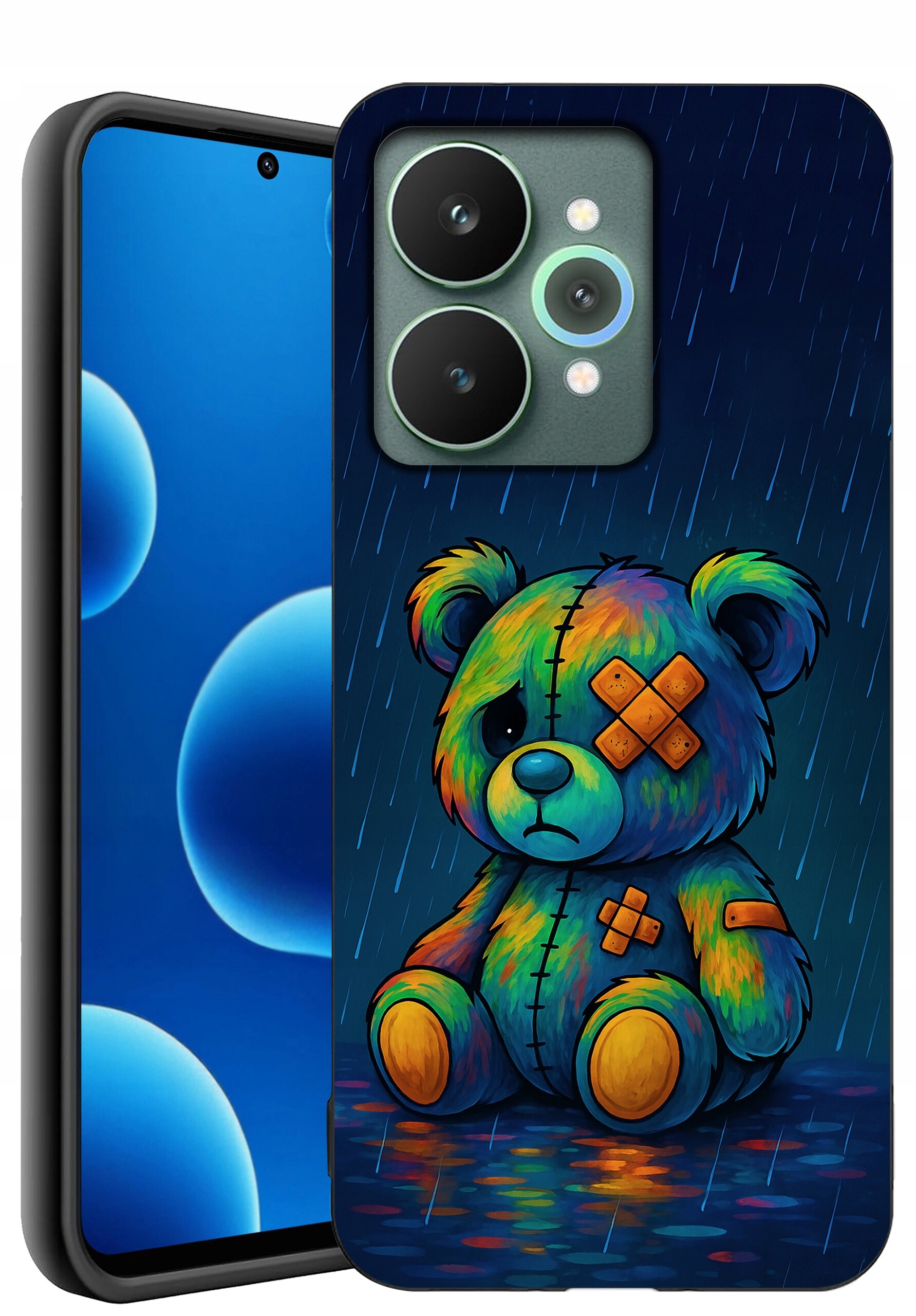Etui na telefon z kolorowym wzorem misia z łatkami, siedzącego na deszczu. Telefon obok etui ma wyświetlacz z niebieskimi okręgami na czarnym tle.