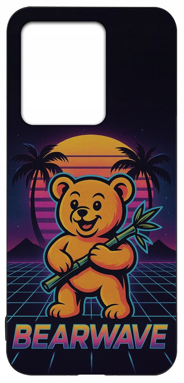 Etui z kolorowym nadrukiem przedstawiającym uśmiechniętego misia trzymającego bambus, na tle zachodzącego słońca i palm. Na dole widnieje napis \'BEARWAVE\'.