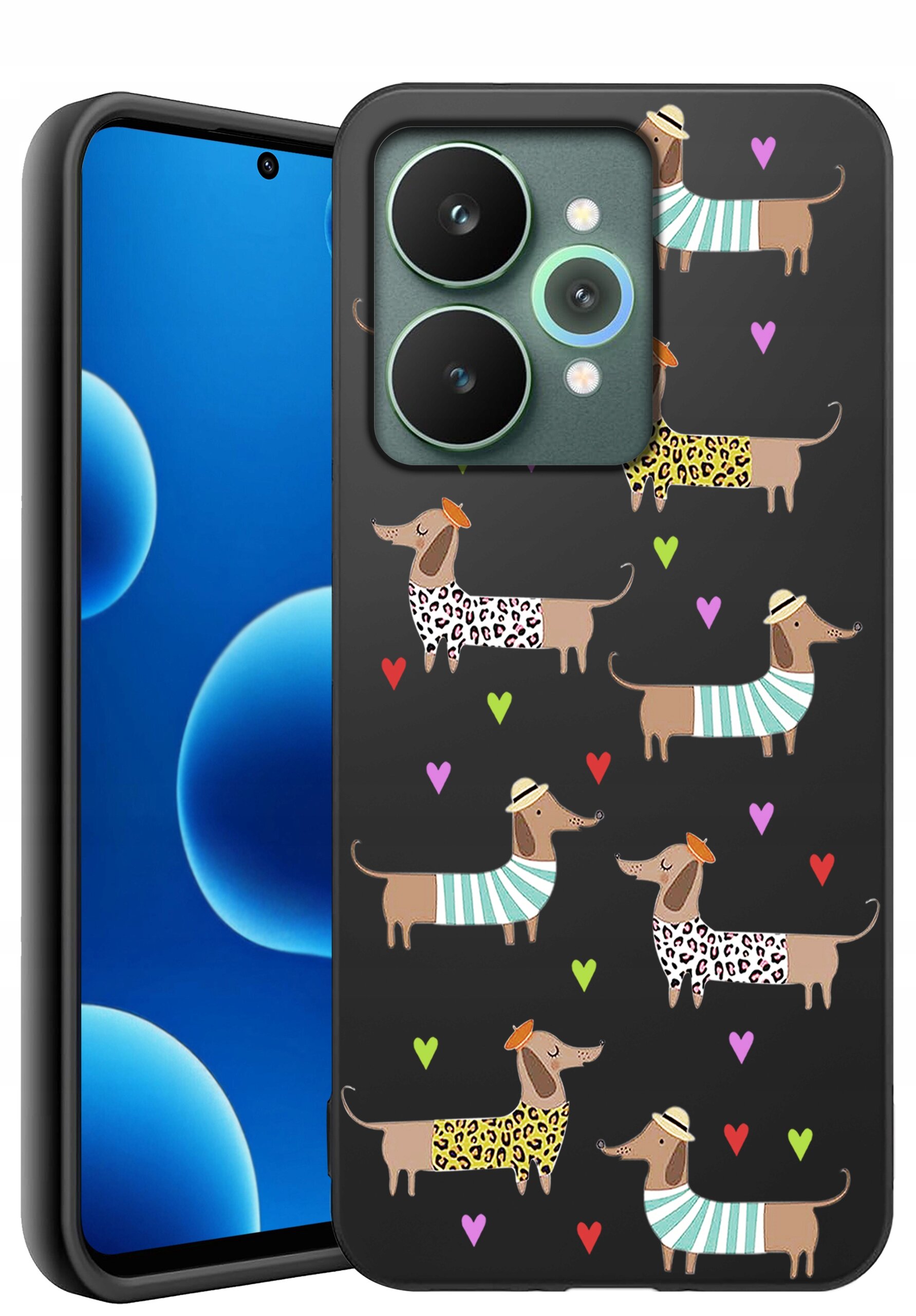 Etui na telefon z motywem jamników w kolorowych ubrankach i kapeluszach, otoczone kolorowymi sercami na czarnym tle. Obok widoczny jest telefon z niebieskim ekranem.