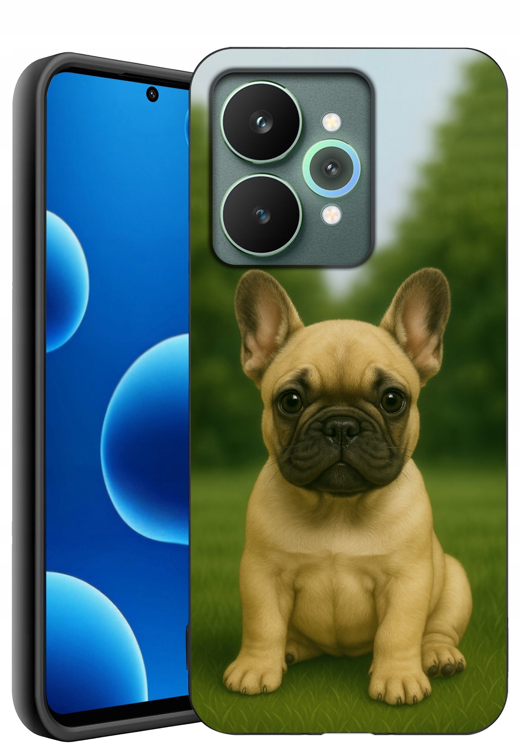 Etui na telefon z nadrukiem psa siedzącego na trawie, z widocznymi dużymi uszami i ciemnym pyskiem. Obok etui widoczny jest telefon z niebieskim ekranem z okrągłymi wzorami.