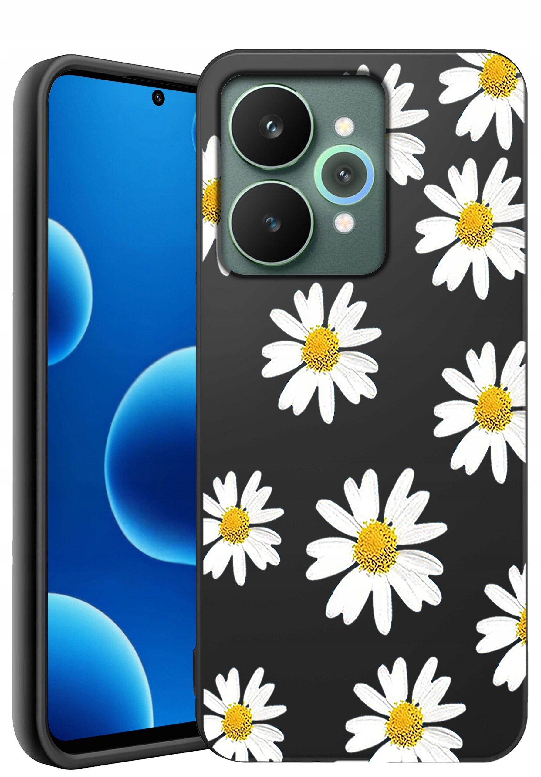 Etui na telefon z czarnym tłem ozdobione białymi stokrotkami z żółtymi środkami. Obok widoczny jest telefon z niebieskim ekranem i trzema aparatami z tyłu.