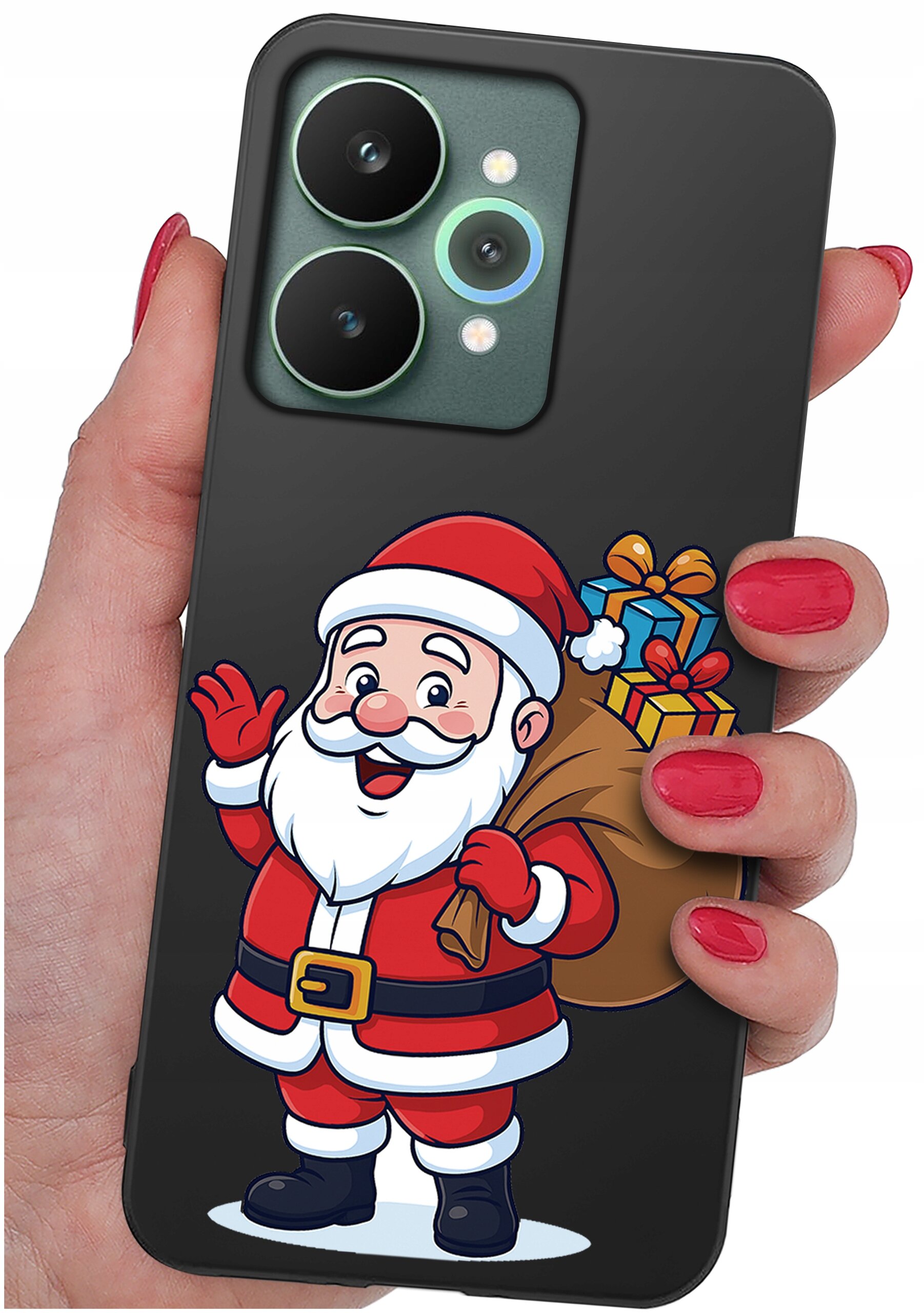 Etui na telefon z grafiką przedstawiającą postać w stroju świątecznym z workiem prezentów. Etui jest trzymane w dłoni z pomalowanymi na czerwono paznokciami.