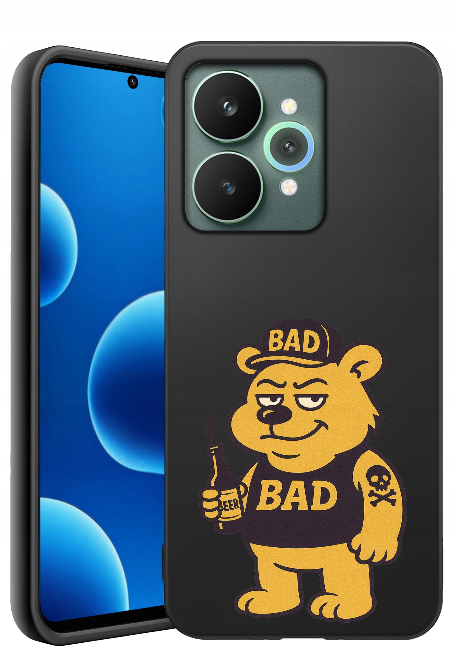 Czarne etui na telefon z nadrukiem żółtego misia w czapce z napisem \'BAD\', trzymającego butelkę z napisem \'BEER\'.