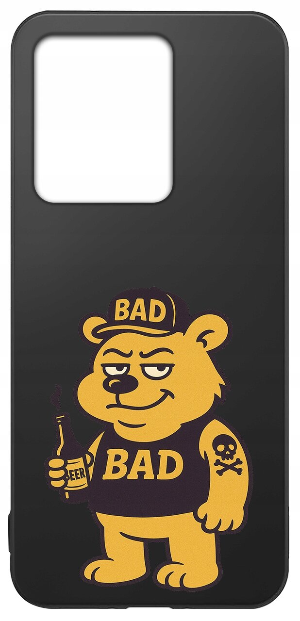 Czarne etui z żółtym rysunkiem niedźwiedzia w czapce z napisem \'BAD\', trzymającego butelkę z napisem \'BEER\'. Na ramieniu niedźwiedzia widoczny jest tatuaż czaszki.