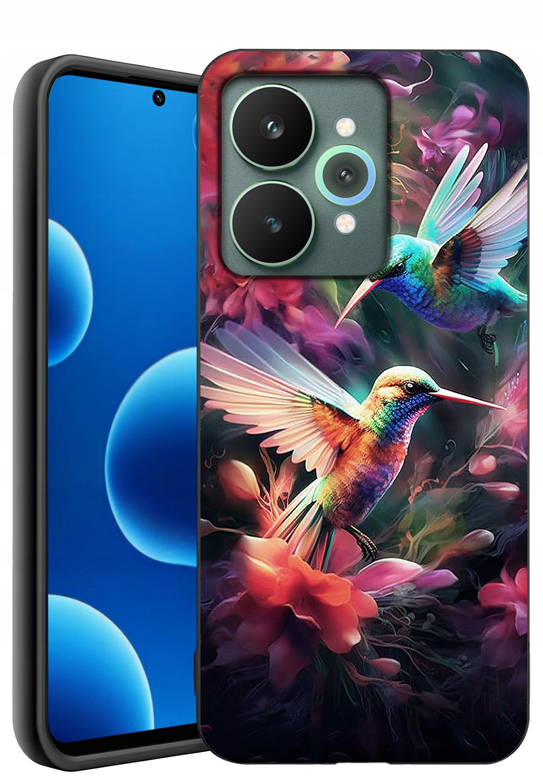 Obraz przedstawia etui na telefon z kolorowym wzorem kolibrów i kwiatów. Telefon obok etui ma wyświetlacz z niebieskimi okręgami na czarnym tle.