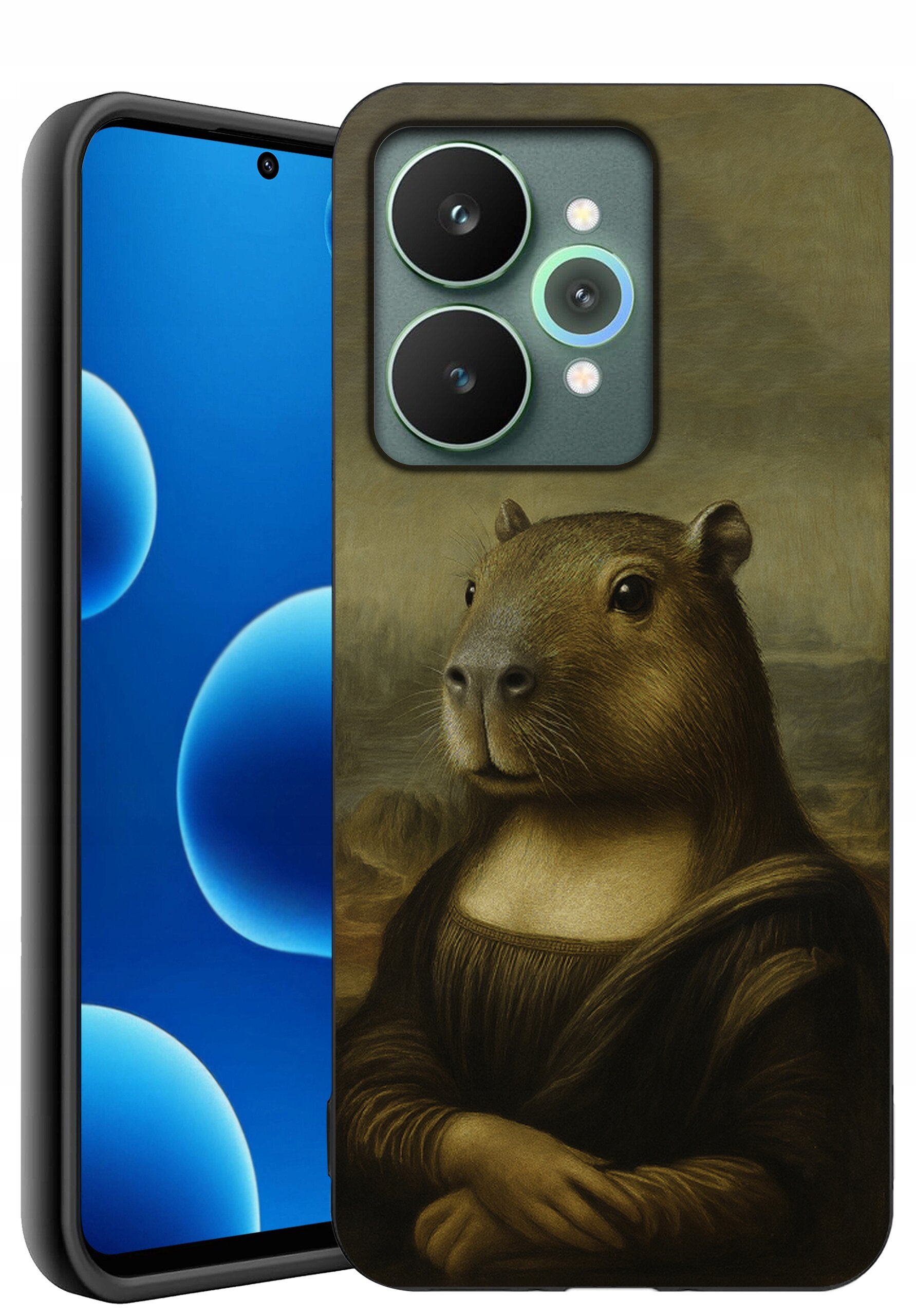 Etui na telefon z nadrukiem przedstawiającym kapibarę w stylu Mona Lisy. Obok widoczny jest ekran telefonu z niebieskimi okręgami na czarnym tle.