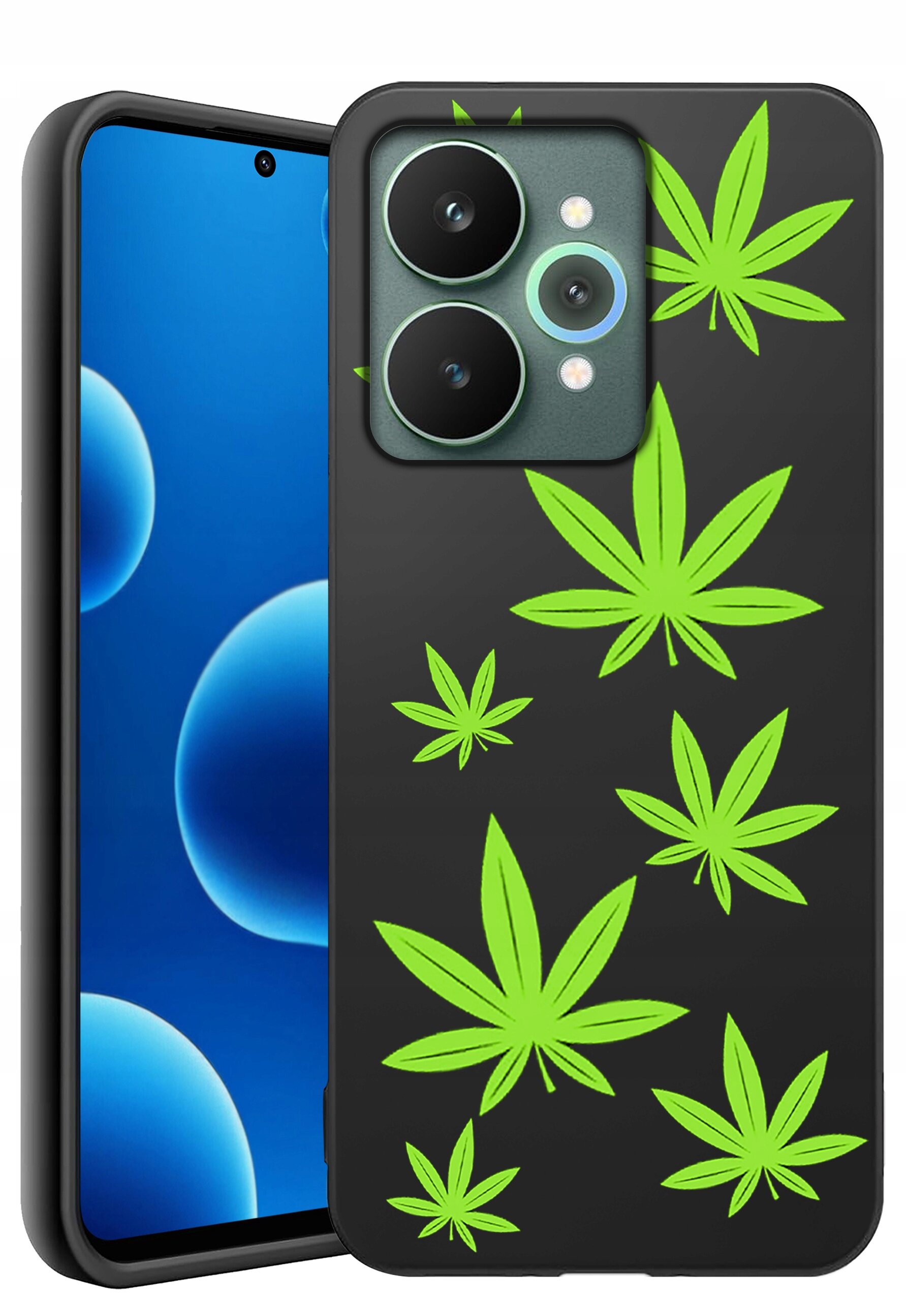 Czarne etui na telefon z zielonymi wzorami liści. W tle widoczny ekran telefonu z niebieskimi okręgami.