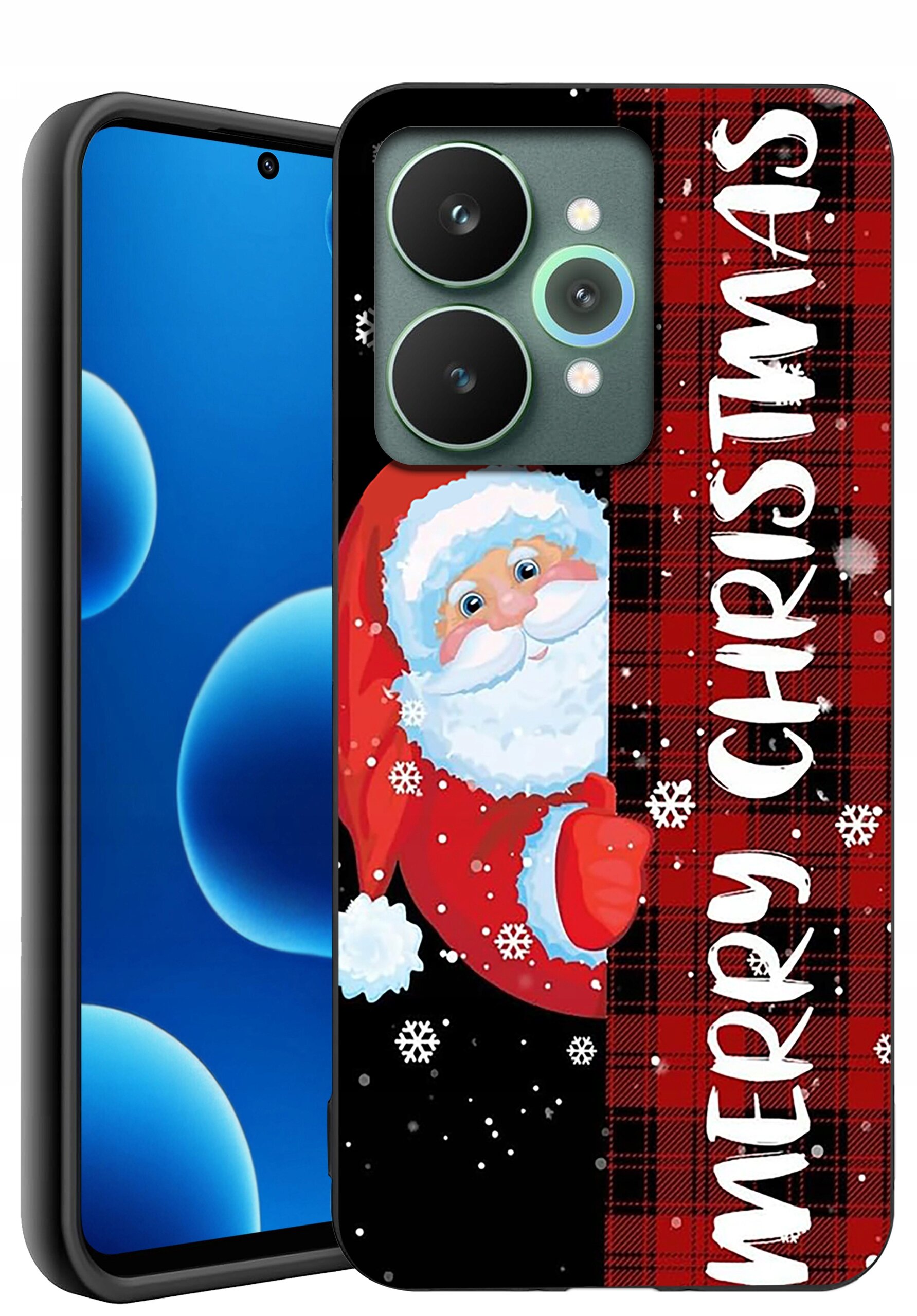 Etui na telefon z motywem świątecznym przedstawiające postać Świętego Mikołaja na tle czerwono-czarnej kratki. Na etui widnieje napis \'MERRY CHRISTMAS\'.