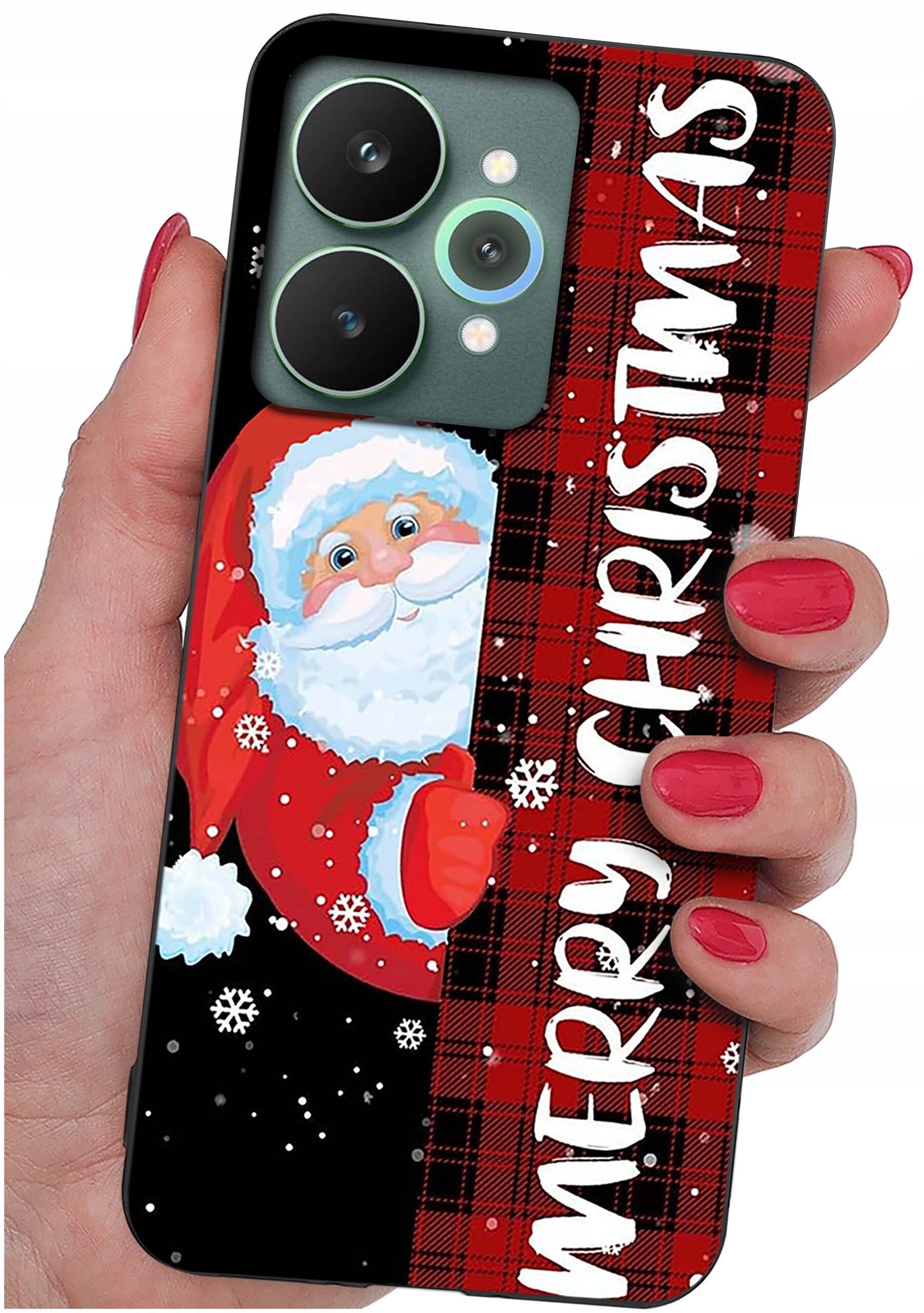 Etui na telefon z motywem świątecznym przedstawiające Mikołaja na tle czerwono-czarnej kratki z napisem \'MERRY CHRISTMAS\'. Etui trzymane jest w dłoni z pomalowanymi na czerwono paznokciami.