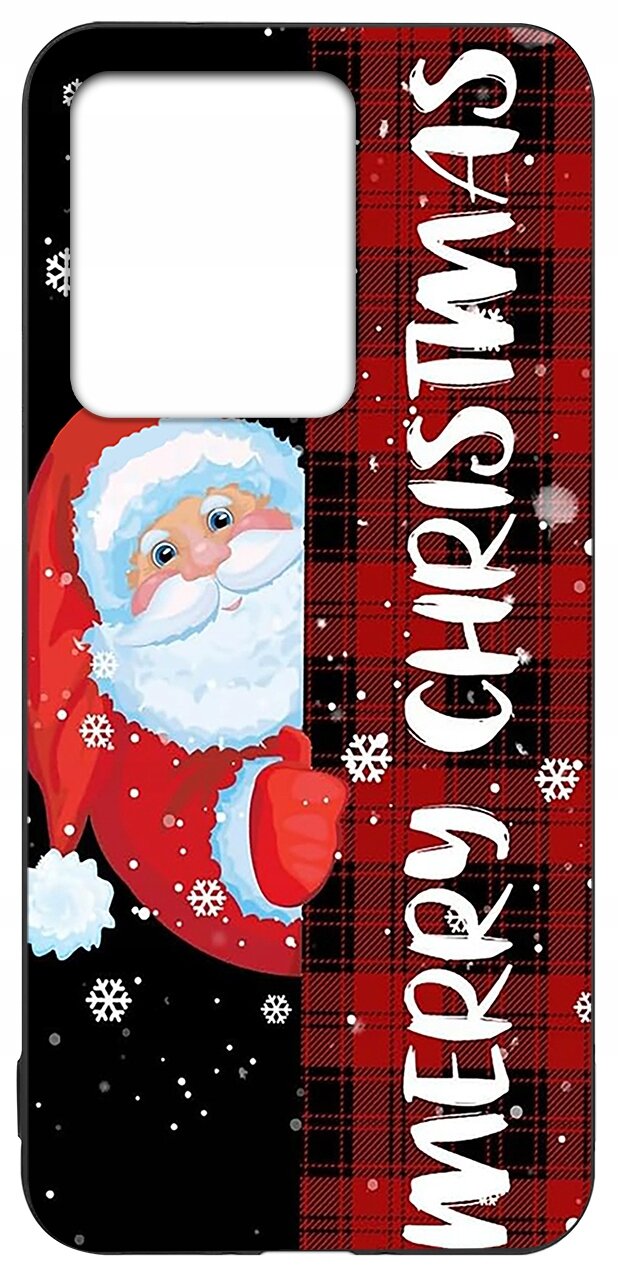 Etui na telefon z wizerunkiem Świętego Mikołaja na czerwonym tle w kratkę, z napisem \'MERRY CHRISTMAS\'.