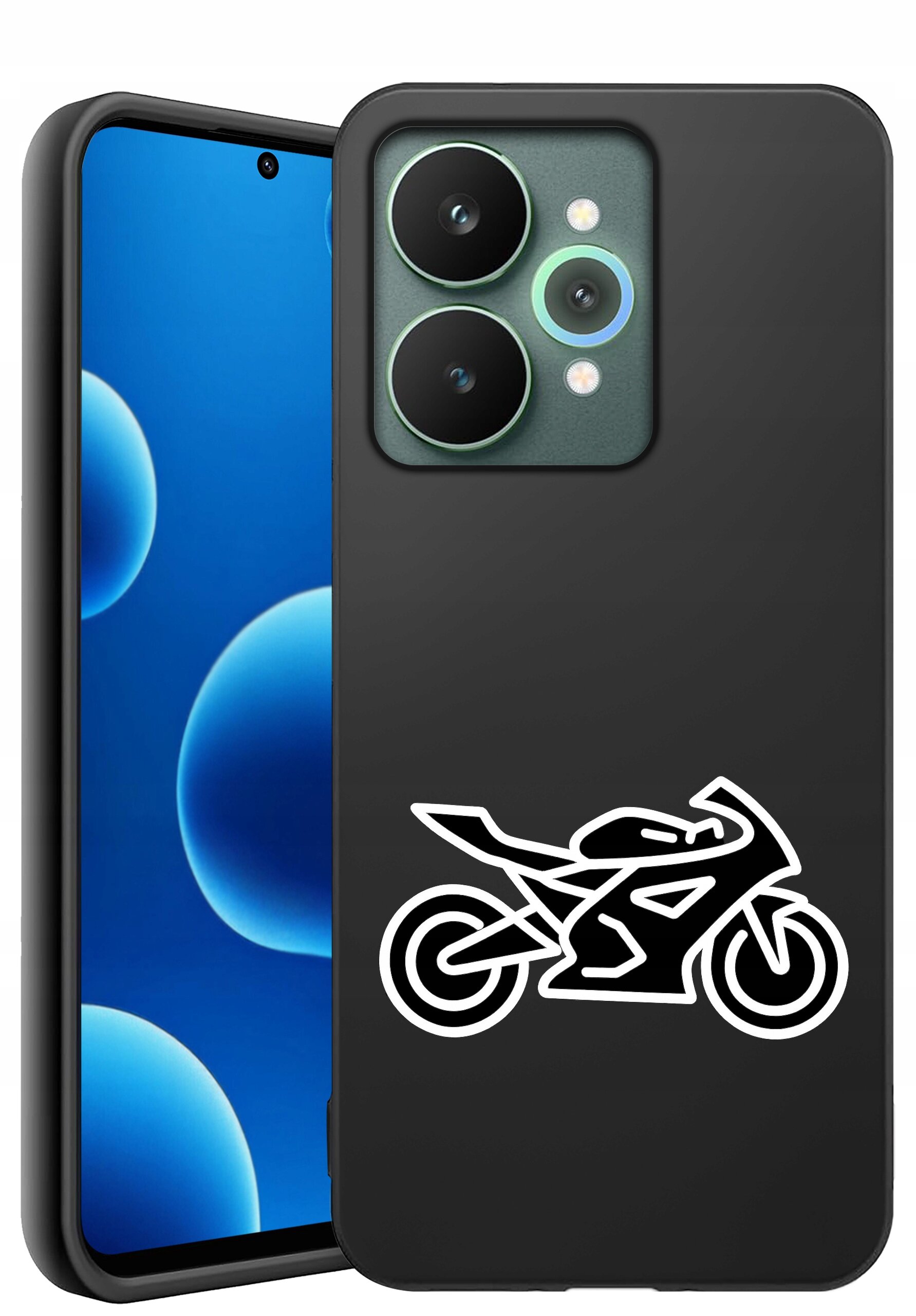 Czarne silikonowe etui z matowym wykończeniem, ozdobione białym wzorem motocykla. Obok etui widoczny jest telefon z niebieskim ekranem i trzema aparatami z tyłu.