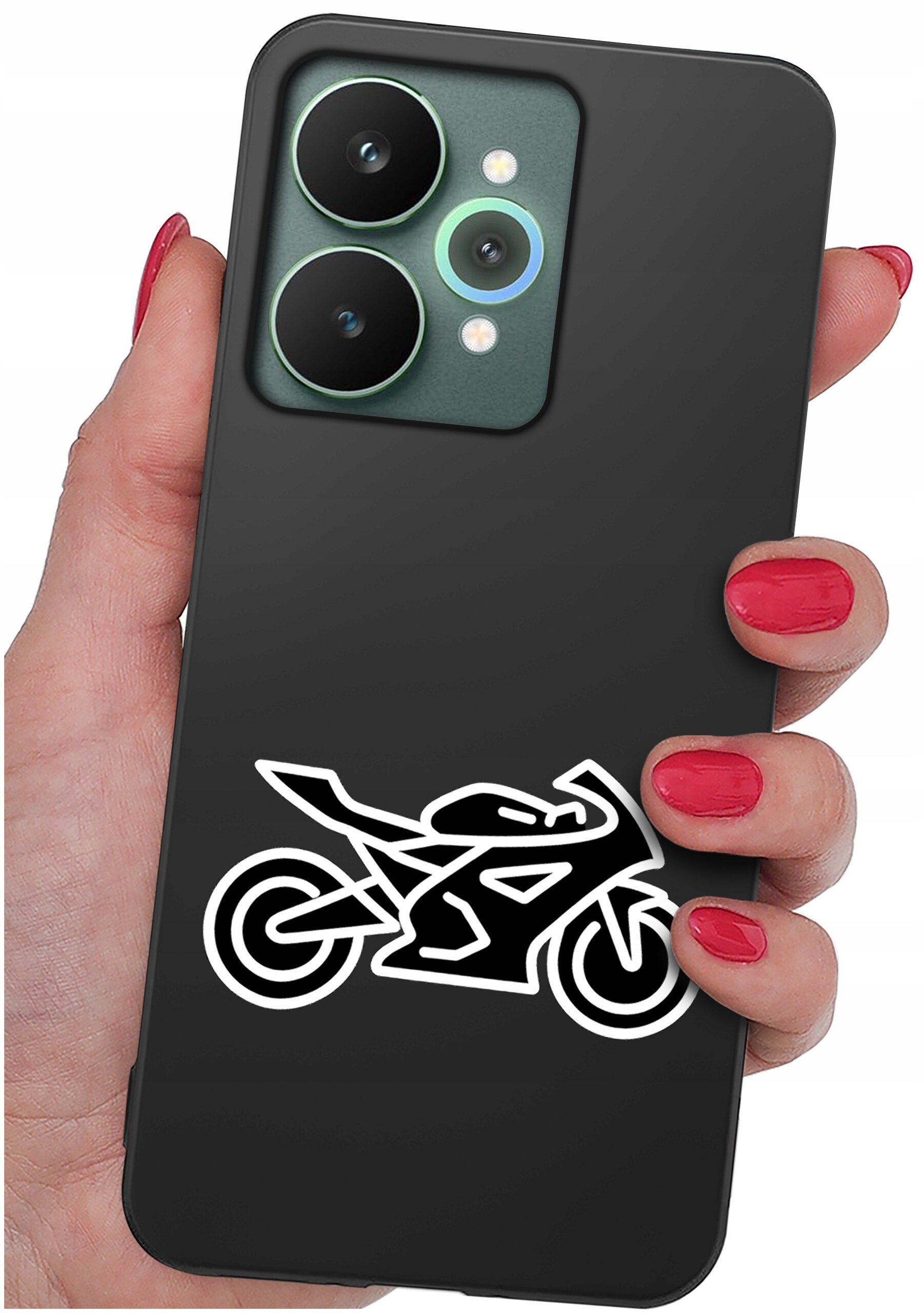 Czarna obudowa telefonu z białym wzorem motocykla trzymana w dłoni z czerwonymi paznokciami. Widoczne są dwa duże obiektywy aparatu i jeden mniejszy z lampą błyskową.