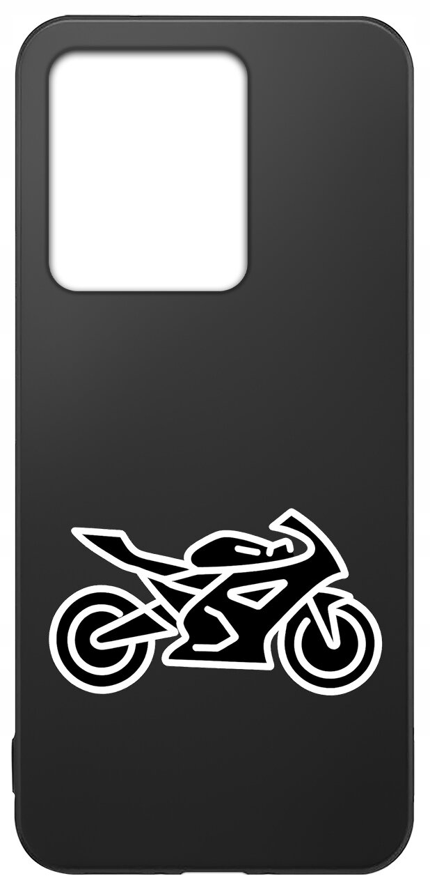 Czarne etui z wycięciem na aparat, ozdobione białym konturem motocykla.