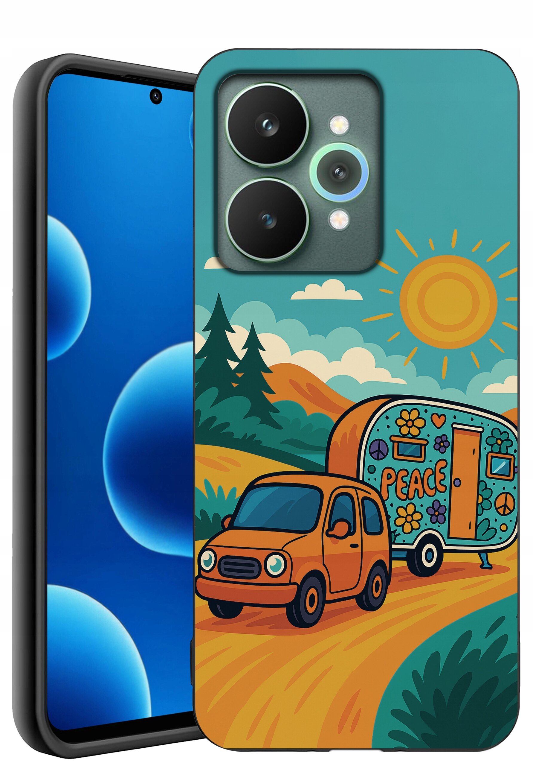 Etui na telefon z kolorowym wzorem przedstawiającym samochód ciągnący przyczepę z napisem \'PEACE\' na tle krajobrazu z górami, drzewami i słońcem. Obok widoczny jest telefon z niebieskim ekranem.