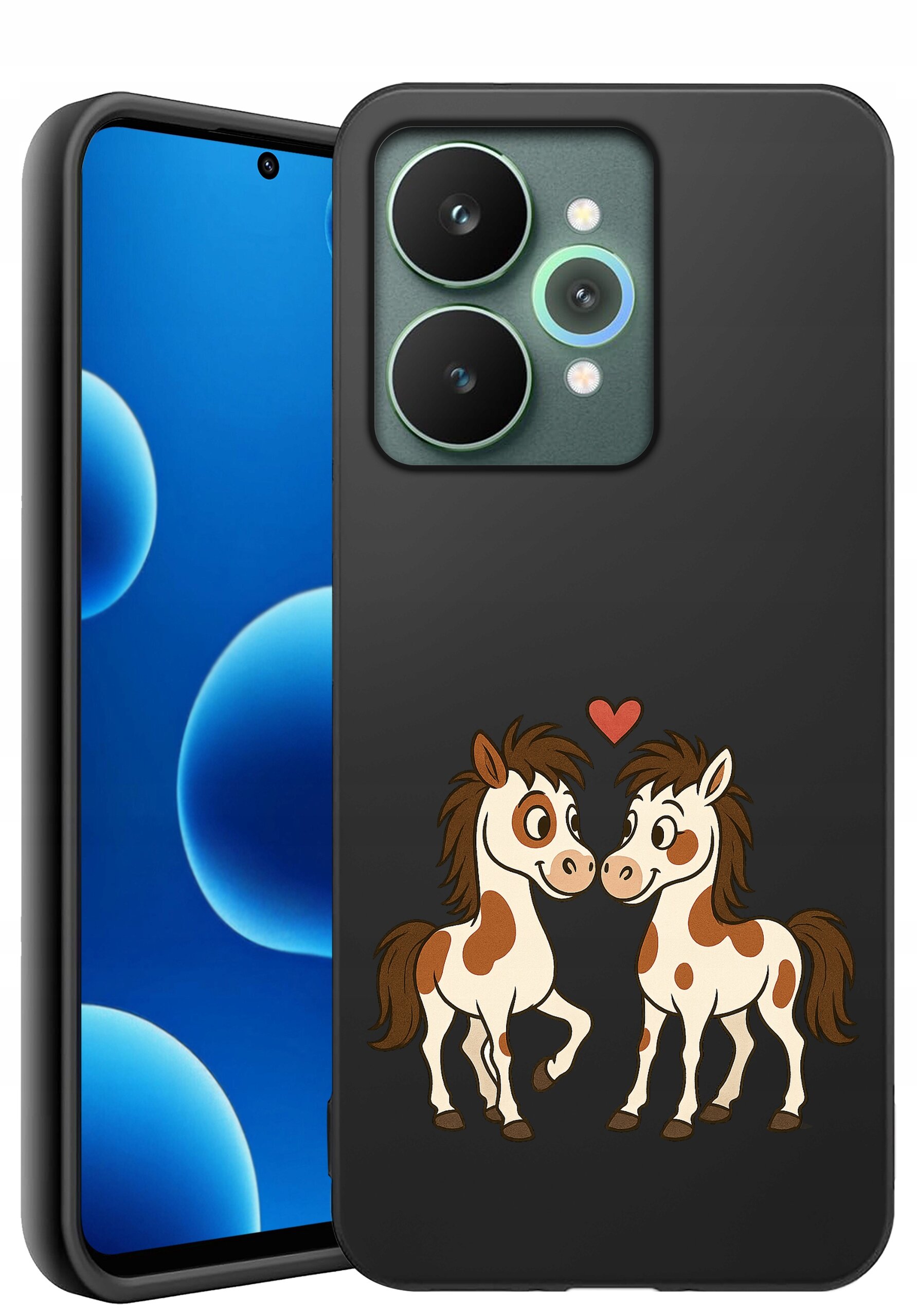 Czarne silikonowe etui na telefon z grafiką dwóch uśmiechniętych koników i czerwonym sercem nad nimi. Obok widoczny jest telefon z niebieskim ekranem i trzema aparatami z tyłu.